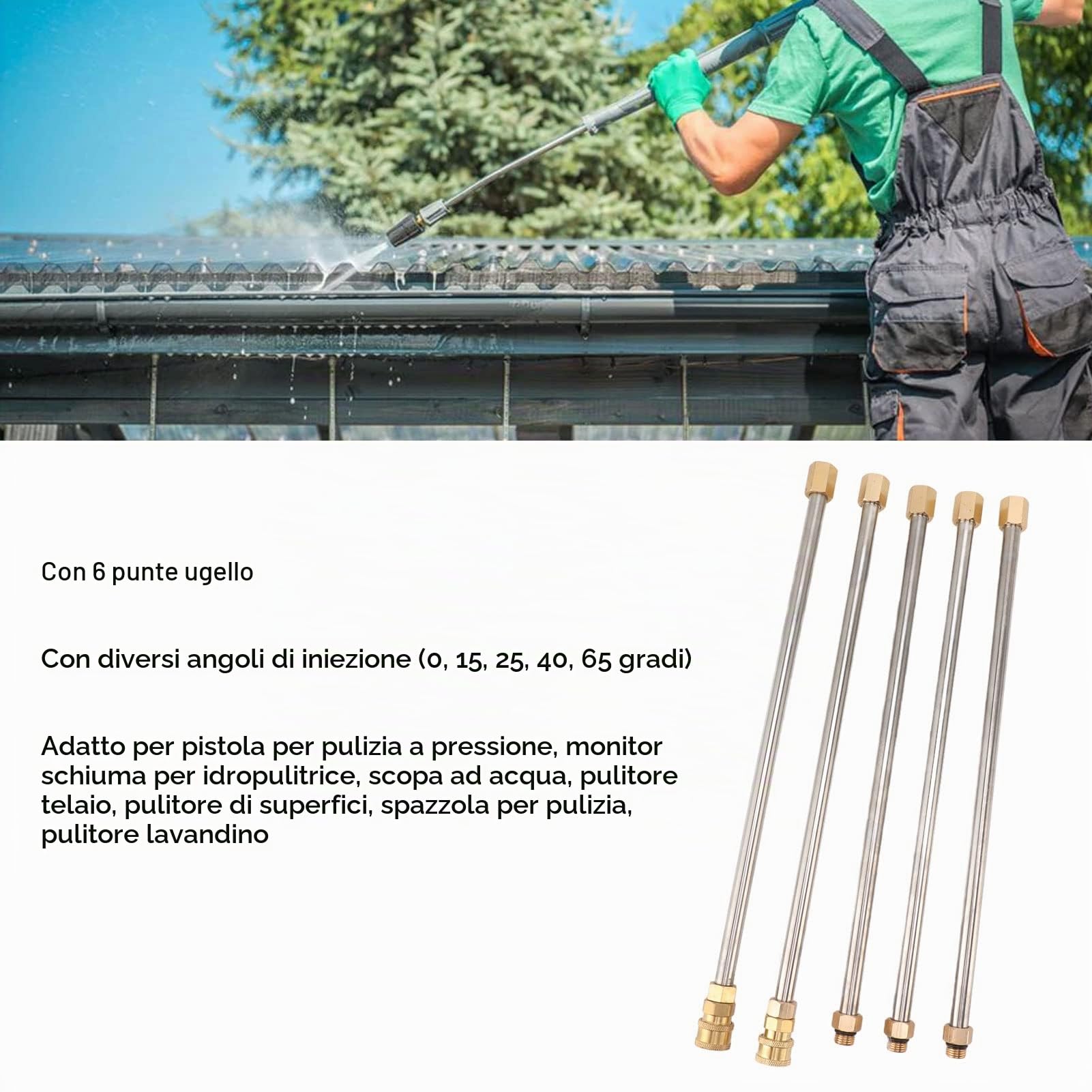 Bacchetta di Prolunga per Lancia Idropulitrice, 5 Aste Diritte + 3 Aste Curve da 30° 90° 120°, Attacco Rapido da 1/4" 4000PSI, con 6 Ugelli, Kit da 9 Strumenti di Pulizia per Grondaie