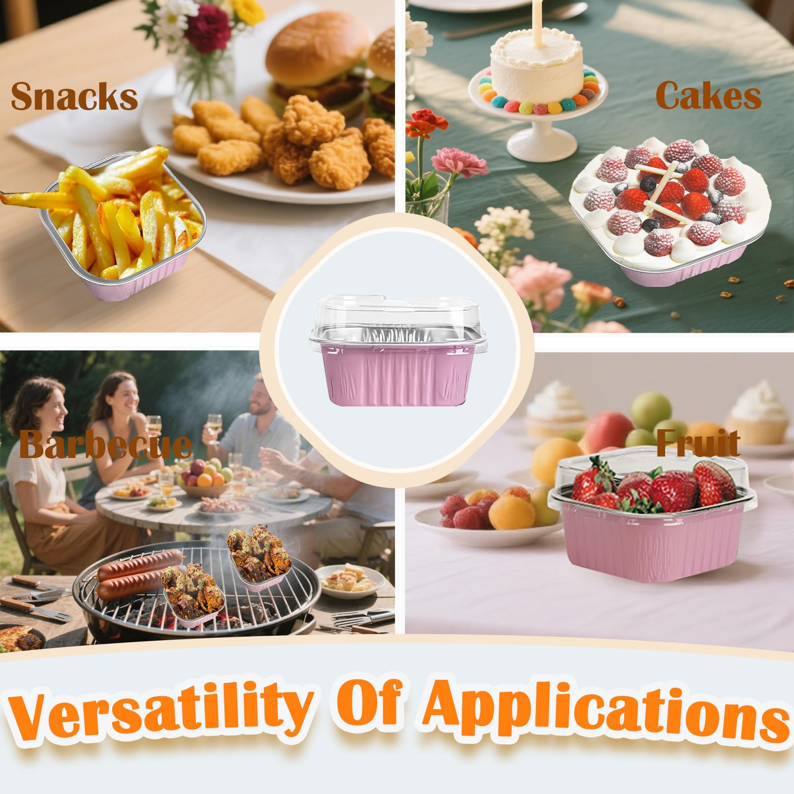 50 mini moldes cuadrados para hornear con tapas, moldes de papel de aluminio de 5 onzas con tapas, moldes desechables para tartas de ramequines, tazas de postre de 150 ml, moldes para cupcakes para