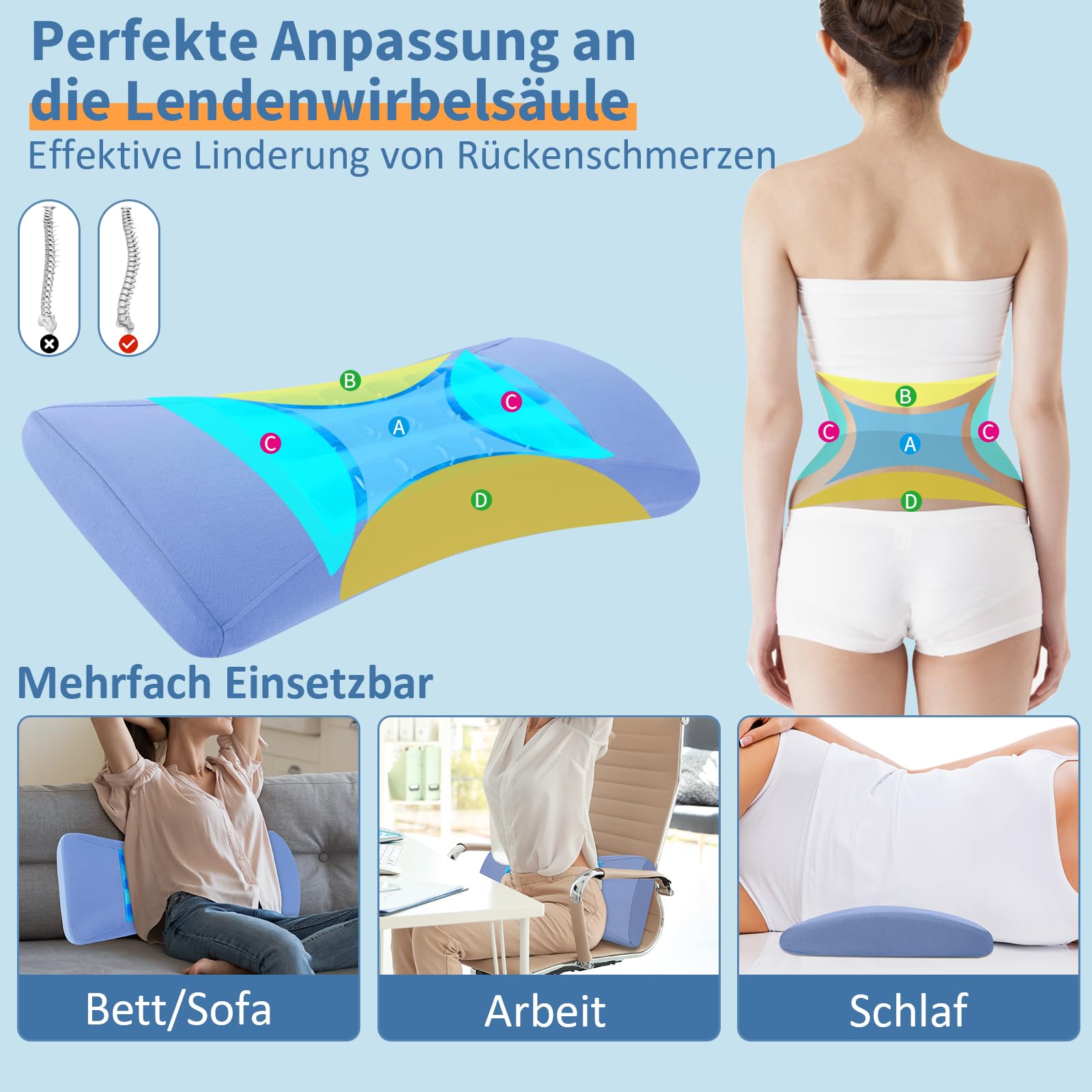 Cuscino lombare con gel refrigerante – Cuscino di supporto per la schiena in memory foam per letto, ufficio e auto, supporto ergonomico per lordosi contro il mal di schiena per chi dorme sul