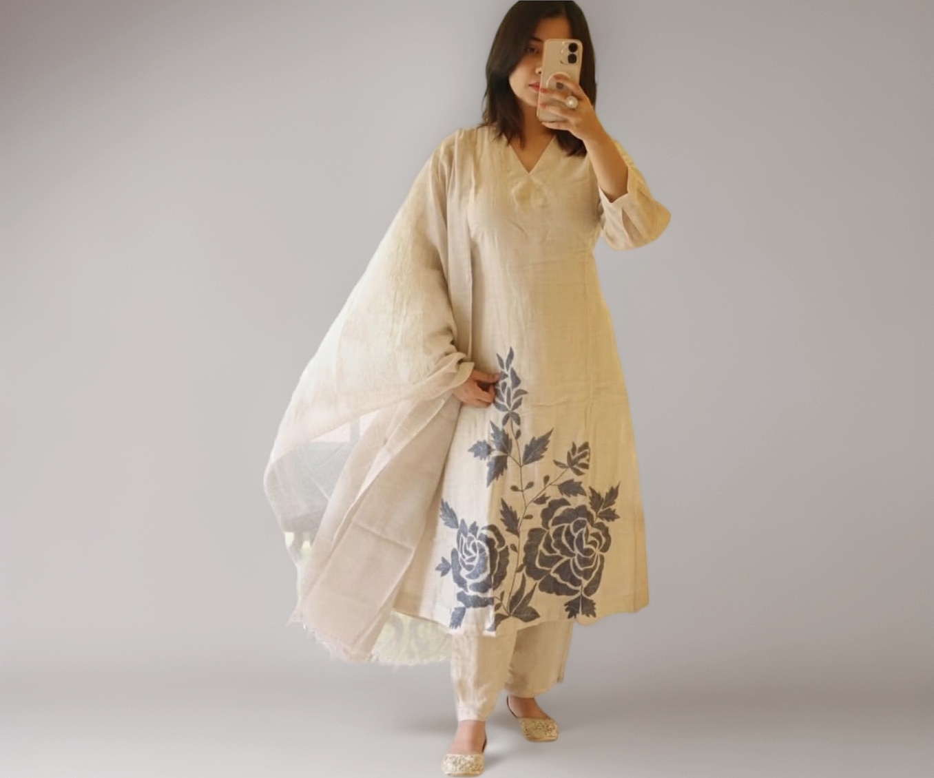 Women Poly Cotton Straight Printed Kurti Pant Dupatta Set | Ethnic Wear | V Neck | 3/4 Regular Sleeves | Casual Office Festive Outfit