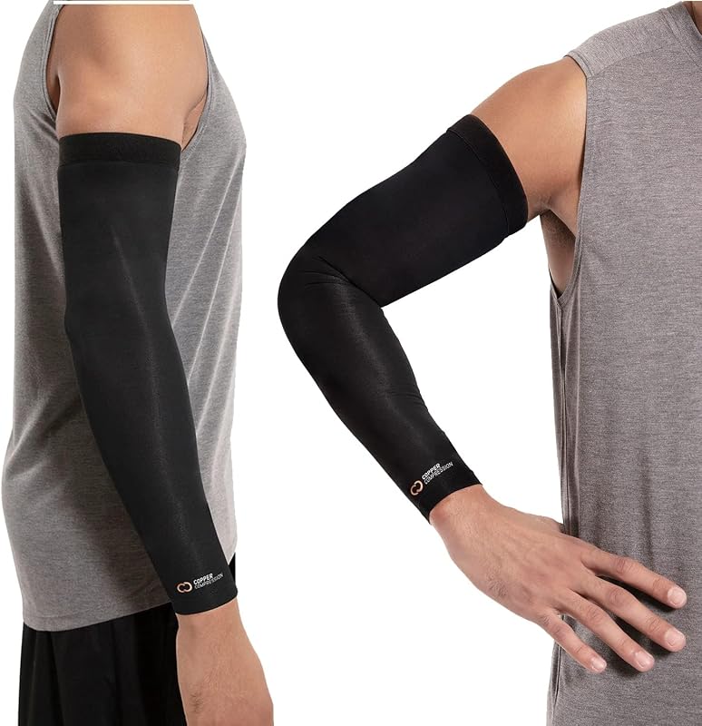 Copper Compression Arm Sleeve - Copper Infused Full Arm Brace for Forearm, Bicep, Triceps - Tennis Elbow, Basketball, Golf, Arthritis, Tendonitis, Bursitis, Post Surgery Rehab - Odor Resistant - Black - L