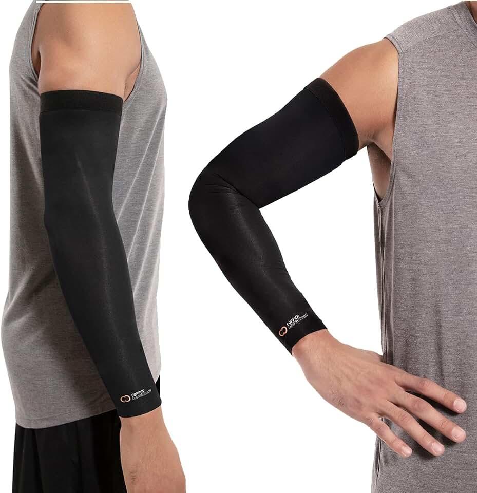 Copper Compression Arm Sleeve - Copper Infused Full Arm Brace for Forearm, Bicep, Triceps - Tennis Elbow, Basketball, Golf, Arthritis, Tendonitis, Bursitis, Post Surgery Rehab - Odor Resistant - Black - L