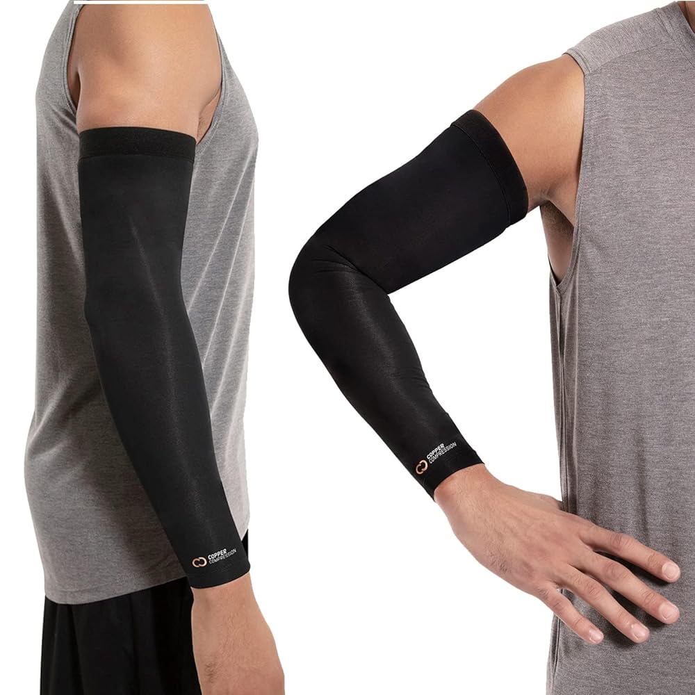 Copper Compression Arm Sleeve - Copper Infused Full Arm Brace for Forearm, Bicep, Triceps - Tennis Elbow, Basketball, Golf, Arthritis, Tendonitis, Bursitis, Post Surgery Rehab - Black - XL