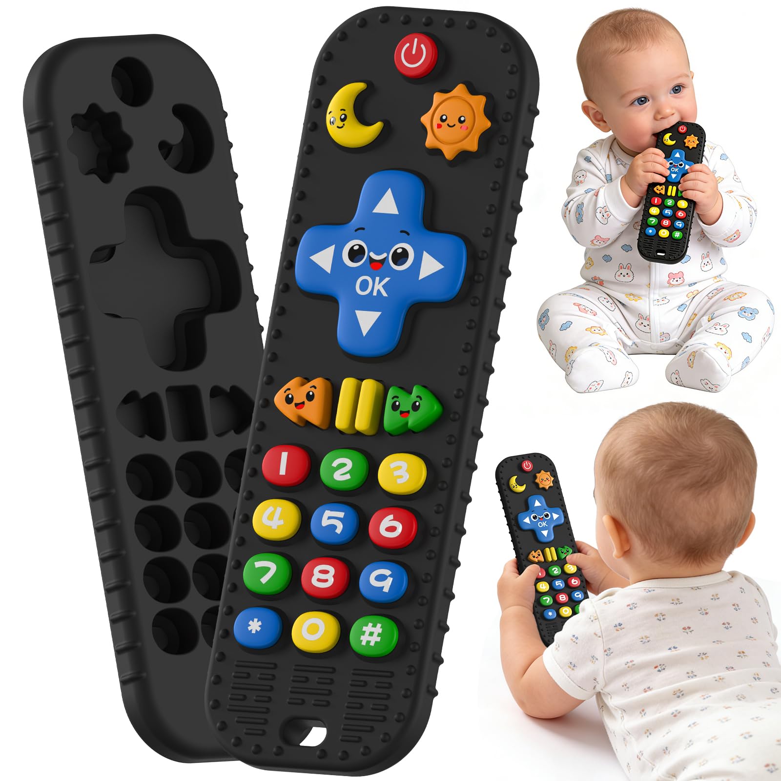 Photo 1 of Baby Teething Toys Silicone Baby Remote Teether Over 3 Months - Baby Essentials Sensory Chew Toys - Baby Teether for Teething Relief - BPA Free Infant Toys Baby Shower Gifts (1, Black)