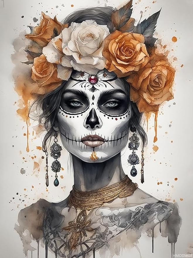 HMDIIMGE Day of The Dead Watercolor Diamond Painting for Adults, Flower and Sugar Skull Girl Diamond Painting Kits for Adults, 5D Skull Gem Painting, DIY Gem Art for Home Wall Decor Gifts 12x16 inch