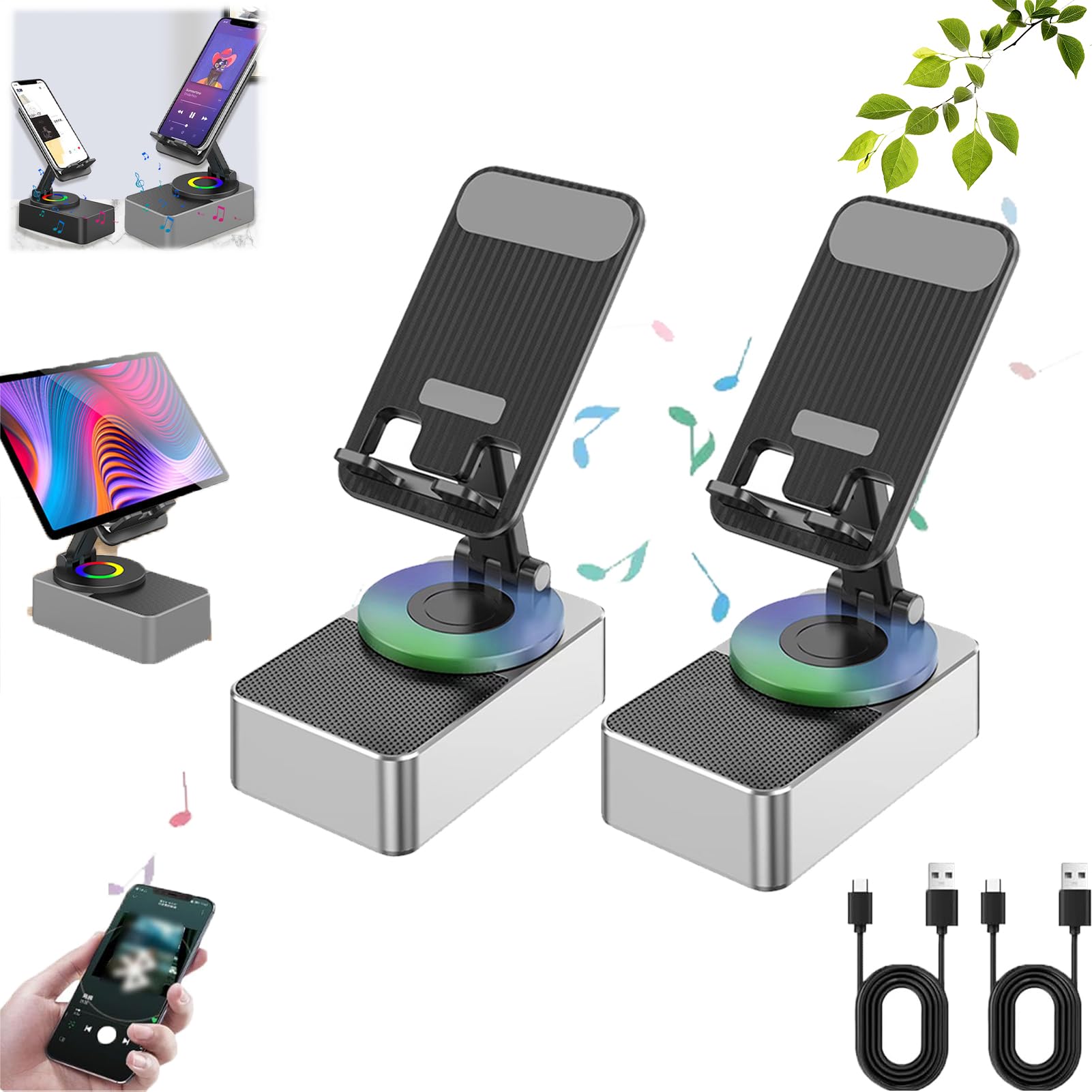 Forthonward Speaker, Forthonward Induction Speaker, 3in 1 Wireless Induction Bluetooth Speaker Stand,Phone Speaker 300°Foldable,2024 Upgraded Cell Phone Stand with Induction Speaker (2*Gray)