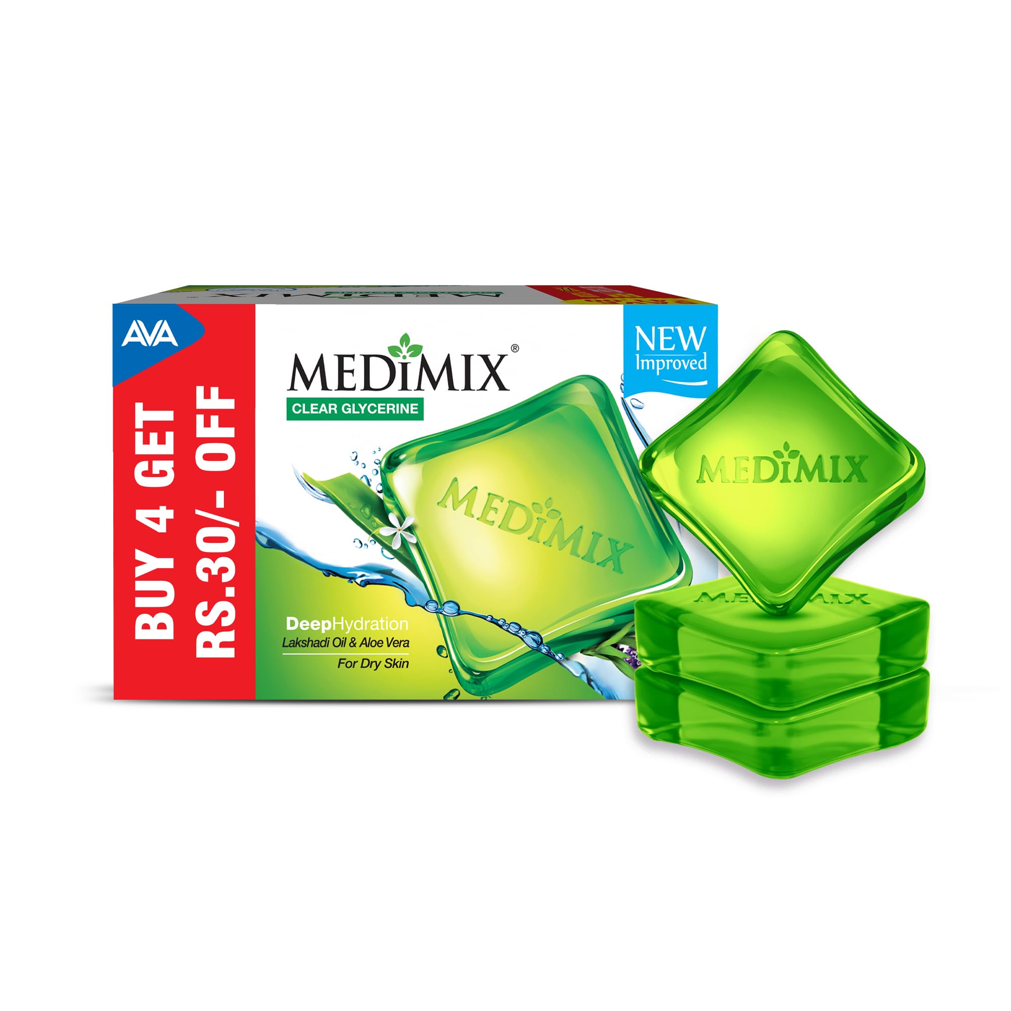 Medimix Clear Glycerine Bathing Bar Soap for Dry Skin 100g (3 + 1 Combo Pack) | Infused with Lakshadi Oil & Aloe Vera | Effective for Dry Skin