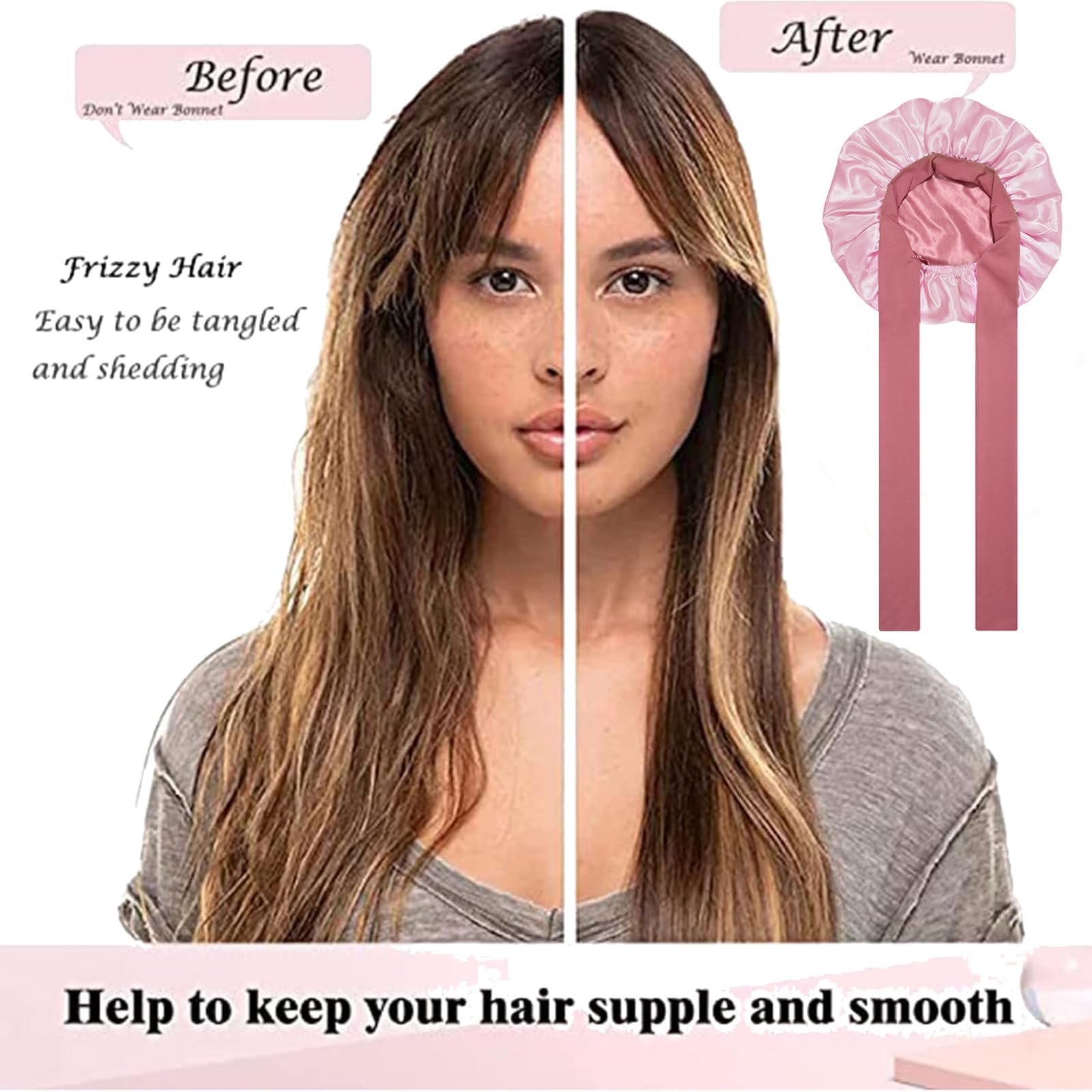 Bonnet de sommeil en soie pour femme - Réglable - Double face - Réglable - Double face, Poudré