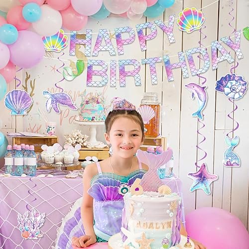 Miniatura 9 de Decoraciones de fiesta de cumpleaños de sirena para niñas y mujeres, 60 piezas de suministros de fiesta de sirena con pancarta de feliz cumpleaños,