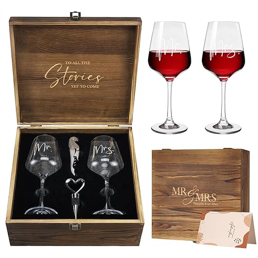 AW BRIDAL Mr Mrs Wine Glasses Set Wedding Gifts for Couples, Engagement Gift for Bride and Groom Newlyweds, Bridal Shower Gifts with Wine Opener Stopper and Engraved Wooden Keepsake Box