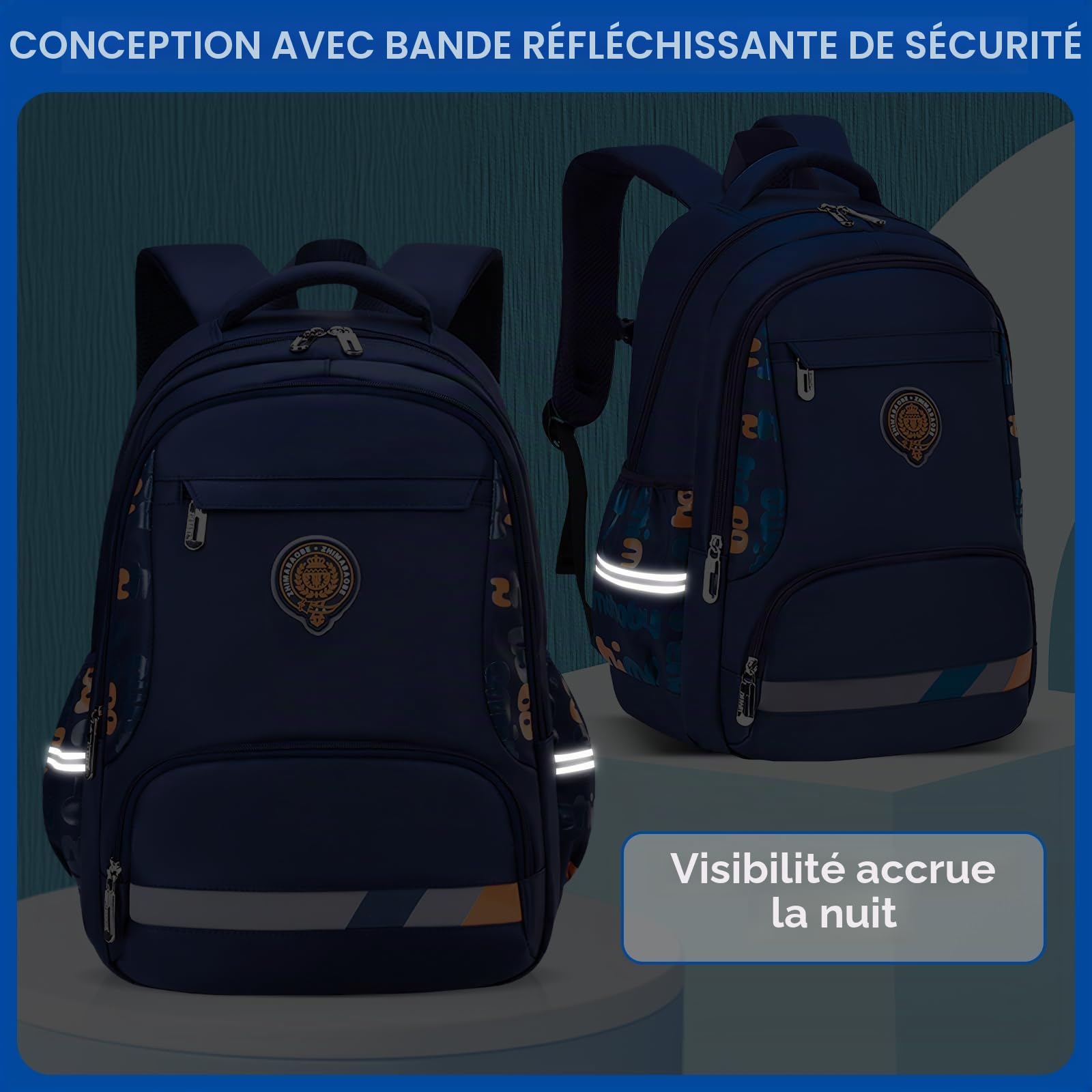 Amythe Cartable Garcon Primaire Renforcé, Sac d Ecole Garçon Ergonomique CP CE1 CE2 CM1 CM2, Sac à Dos Enfant à la Mode pour l'école Primaire, Bleu Marine