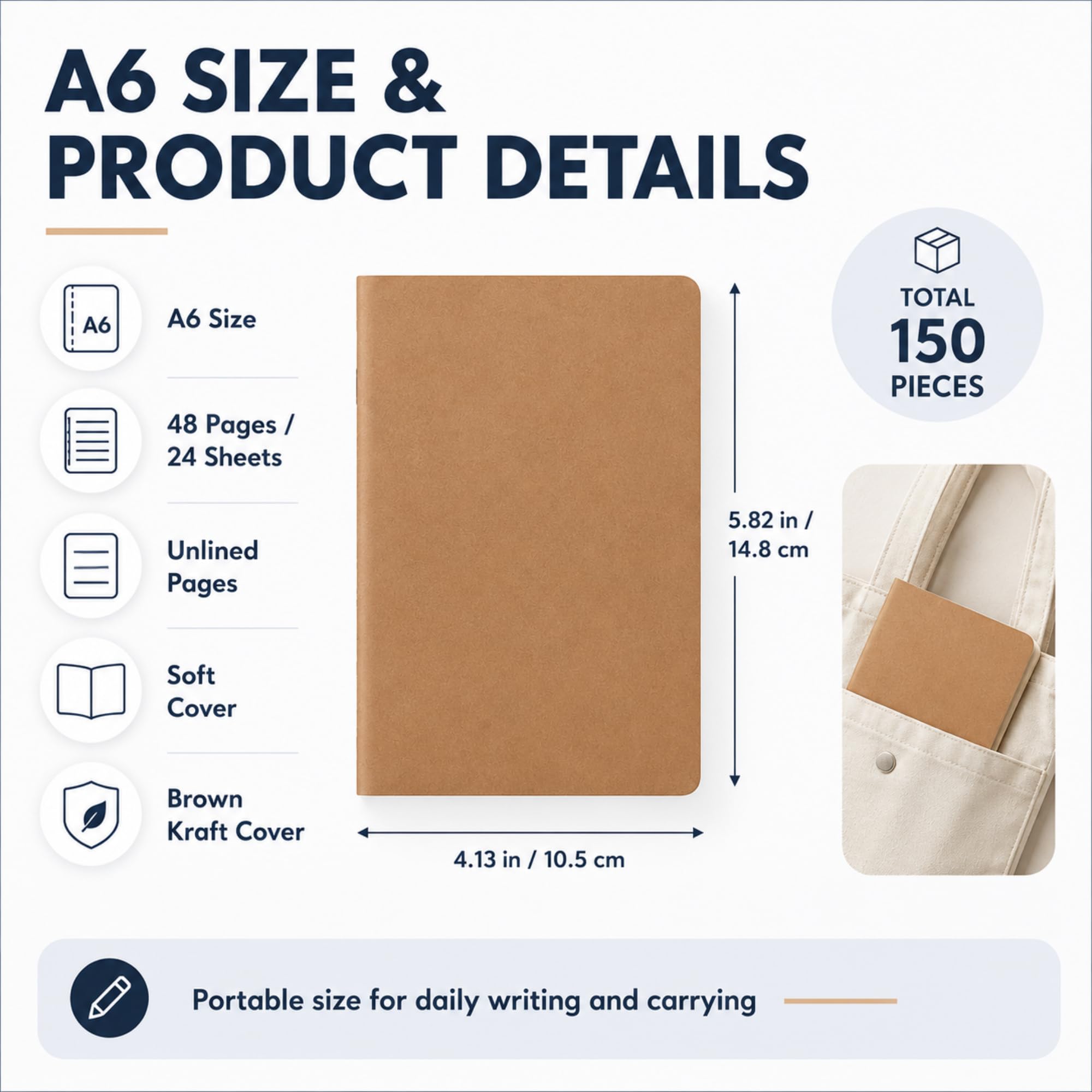 Sepamoon Lot de 150 carnets de notes en papier kraft de 14 x 10 cm à couverture souple pour enfants, étudiants, écriture, croquis, journal de voyage, bureau avec 48 pages et 24 feuilles (marron