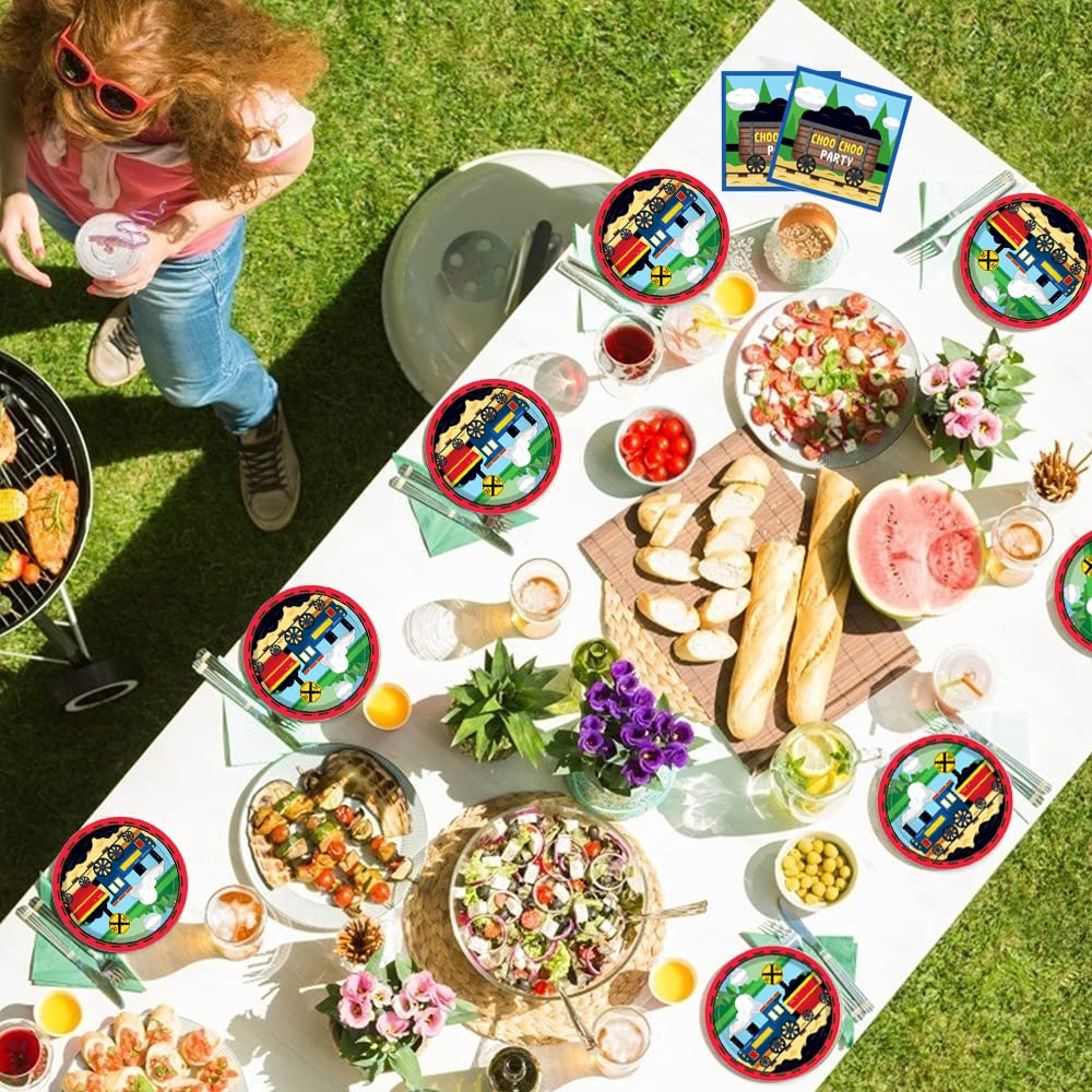 Set Stoviglie Compleanno Tema Treno - Piatti, Tovaglioli, Tovaglia E Striscione Per Feste Bambini - Foto 4