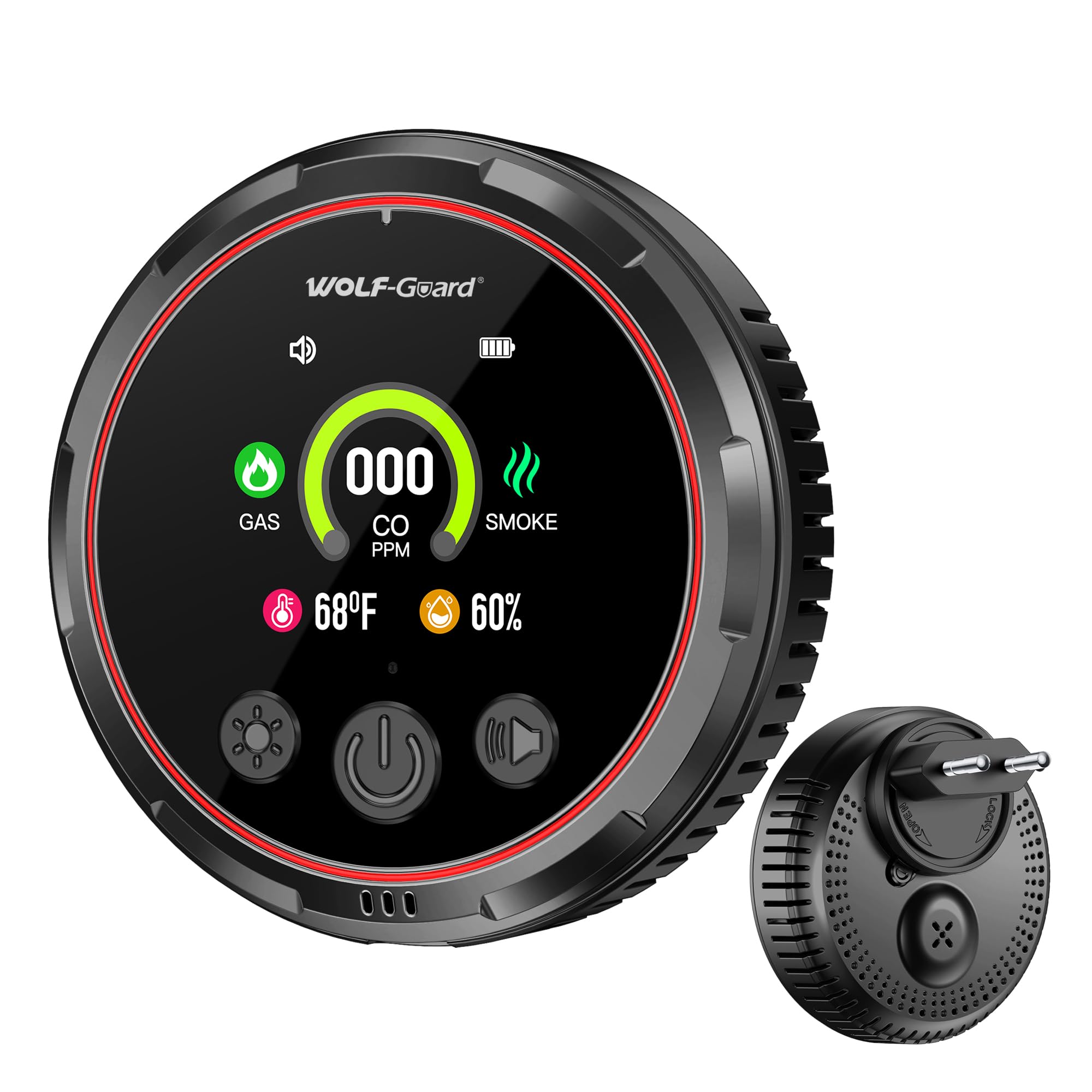 5IN1 Rivelatore di fumo e monossido di carbonio a spina e combinata di gas naturale combustibile, Batteria di backup, Sensore di temperatura e umidità per casa hotel RV HD13-CGS (Nero)