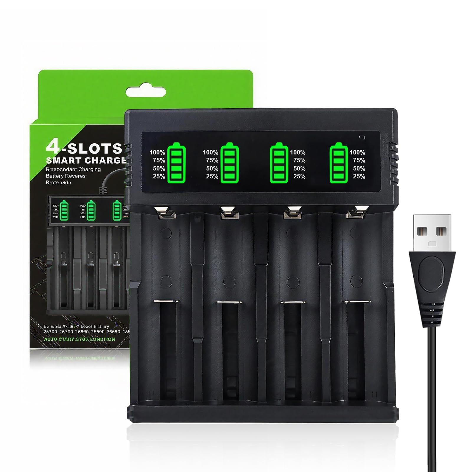 Cargador de Batería para 18650 10440 14500 16340 26650 26700 21700, 4 Ranuras Cargador Universal de Carga Rápida Recargables con Indicadora LED para 3.7V Li-Ion Batería, 53cm Cable USB