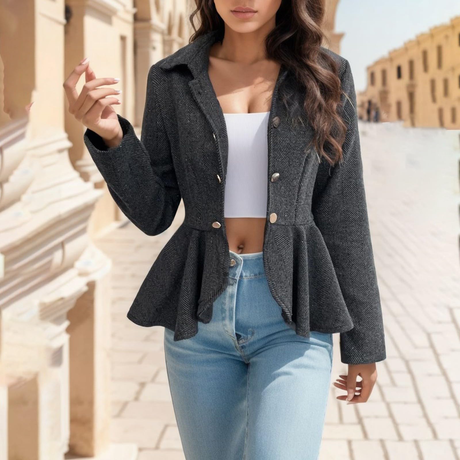 Genérico 2026 Chaqueta Entretiempo Mujer Elegante Chaqueta de Traje Oficina Jacquard Floral Peplum con Cierre Doble Botonadura