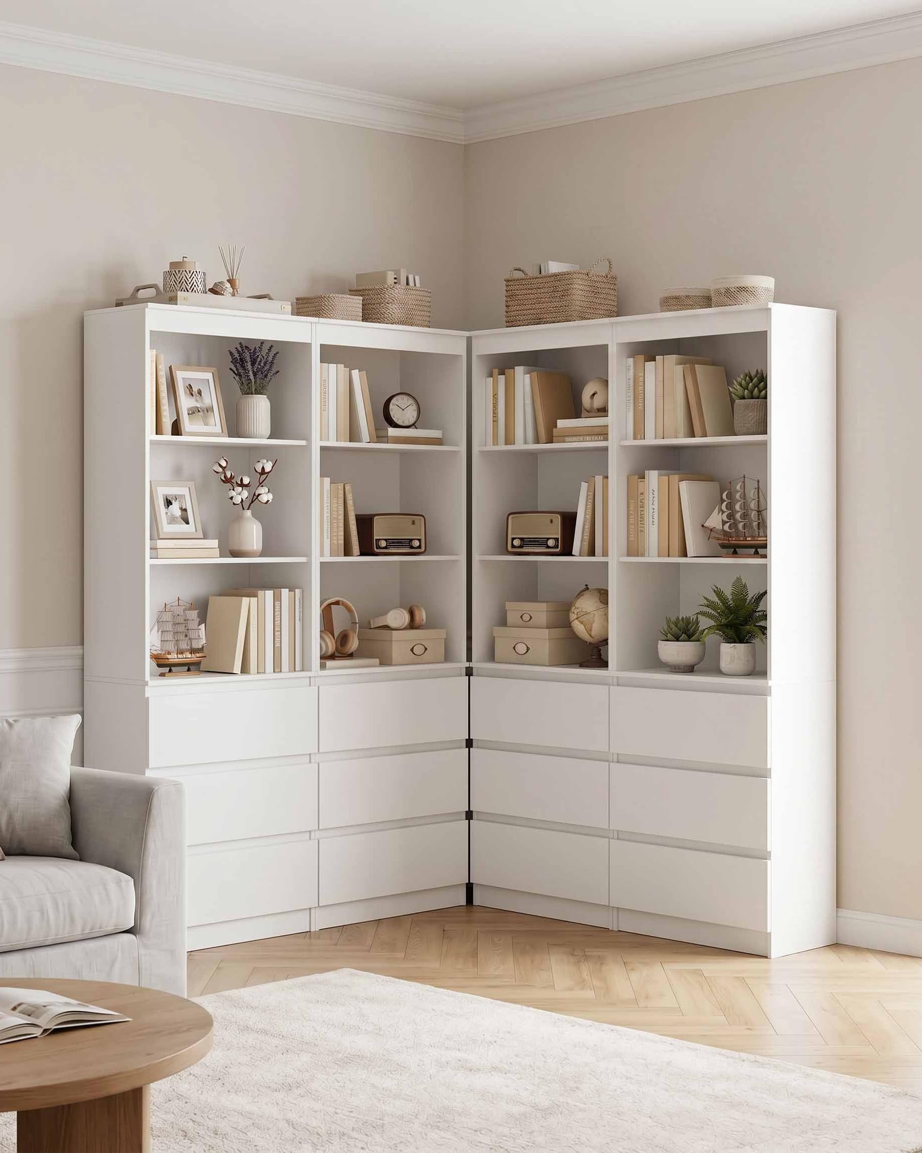 Estantería Libros Blanca con Cajones 60x32x180cm Libreria Alta para Salón Oficina Dormitorio Almacenaje Mueble Blanco