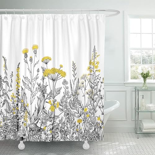 Emvency Cortina de ducha floral amarilla, borde gris, blanco, hierbas y flores silvestres, grabado botánico, vintage, tela de poliéster impermeable,