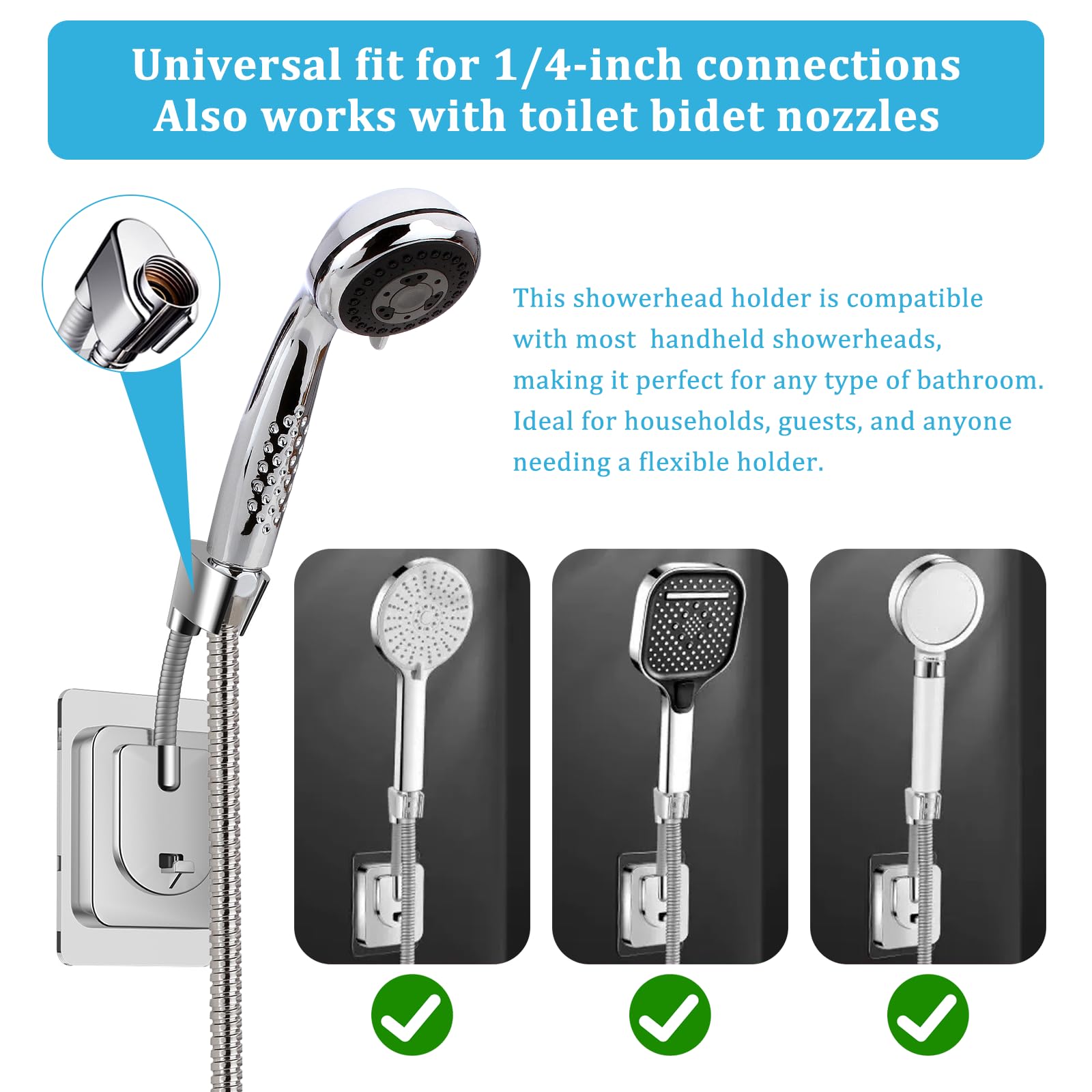 2 Pezzi Supporto per Soffione Doccia Senza Foratura con adattatore in silicone Supporto Doccia Adesivo per Bagno Supporto Universali Soffione Doccia Regolabil