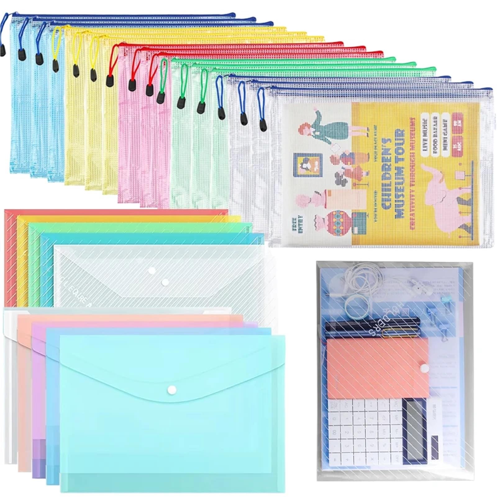 Przezroczysty folder z tworzywa sztucznego, Teczka z przezroczystą siatką na zamek błyskawiczny, 20 sztuk, wielokolorowe, A4 A5. Wysoki-. Dokument(Giallo,A4)