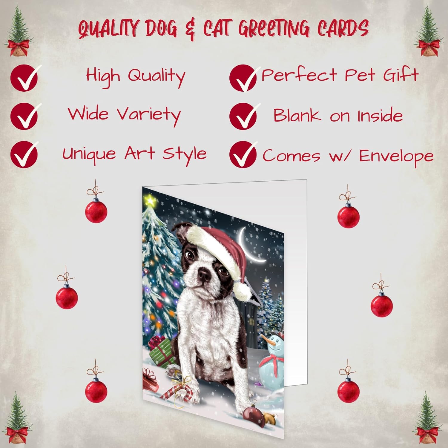 Doggie of the Day Holly Jolly Holidays Boston Terrier Dog Note Cards - Adorable Pets Invitation Cards with Envelopes - Pet Artwork Christmas Note Cards GCD2280 (10 Greeting Cards)
