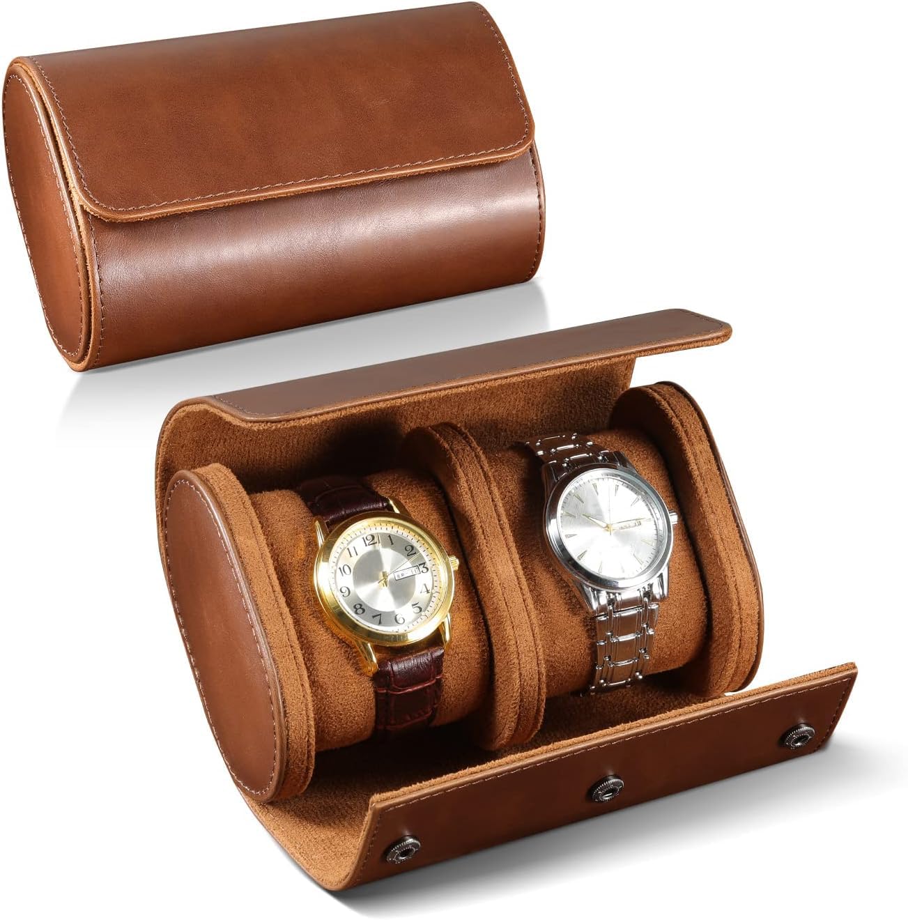 ROSELLE Caja de viaje para hombres y mujeres, para 2 relojes, almacenamiento y organizadora, segura, innovadoras almohadas extraíbles y separadores sólidos, hogar y exhibición (marrón, 2 ranuras)