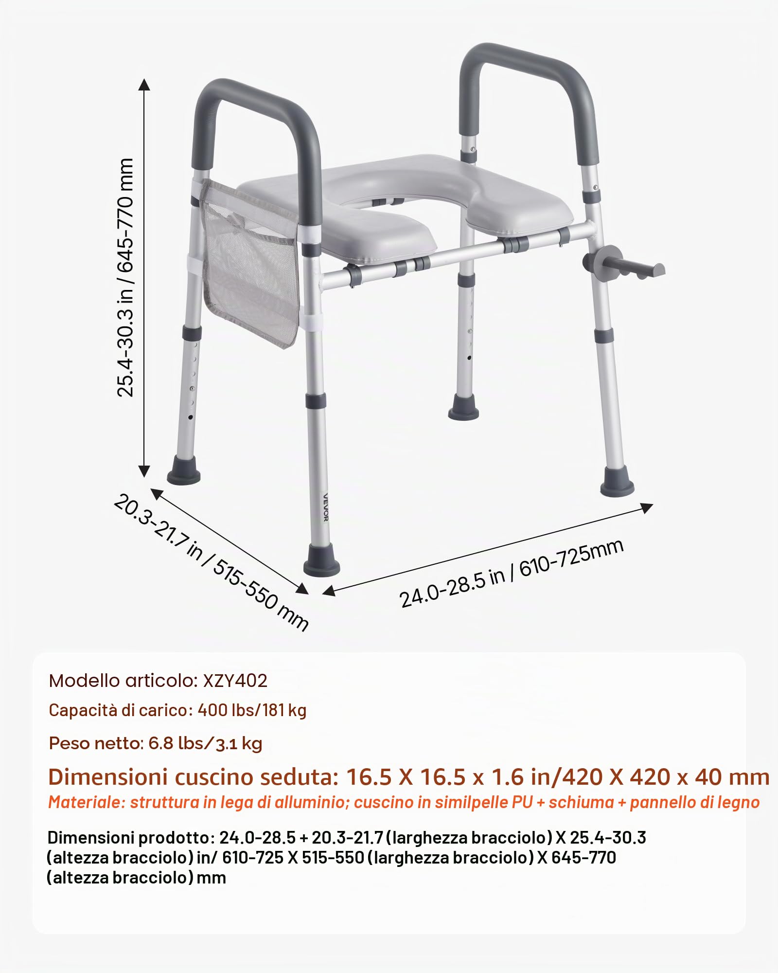 VEVOR Sedile WC Rialzato Universale per Anziani, Altezza e Larghezza Regolabili con Braccioli e Capacità di Carico di 181 kg e 4 Gambe, Sedile WC Rialzato da Bagno per Disabili, Donne Incinte