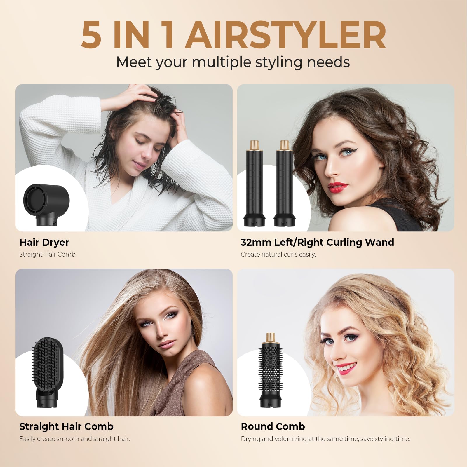 UKLISS Airstyler Air Curlers suszarka do włosów 5 w 1 z okrągłą szczotką, szczotka do dmuchania, lokówka, szczotka termiczna do prostowania, suszenia, objętości, loków