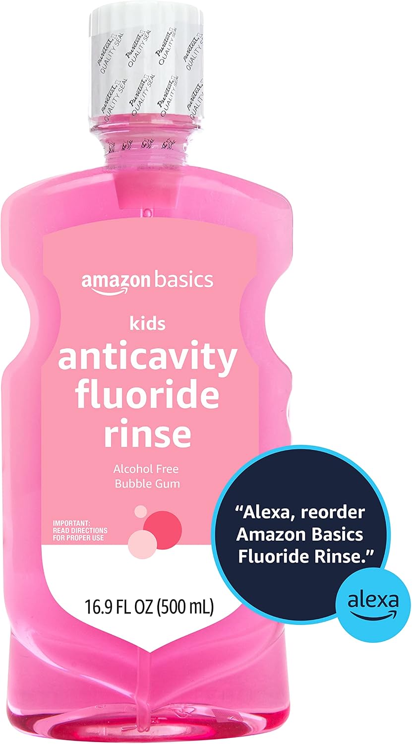 Amazon Basics Kids Anticavity Fluoride Rinse, Alcohol Free, Bubble Gum, 500mL, 16.9 Fluid Ounces, 1-Pack (Previously Solimo)