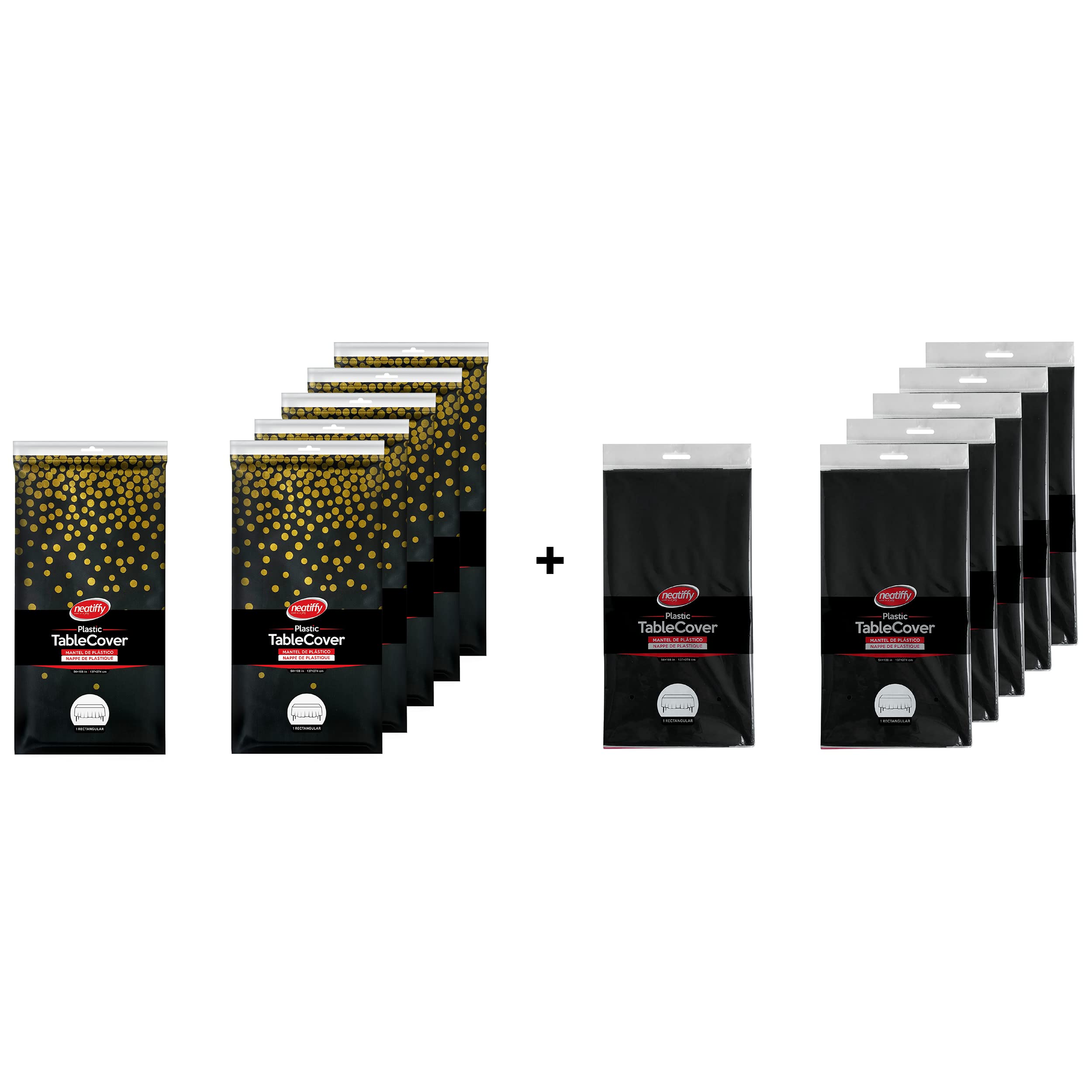 Neatiffy 54 x 108 Inch 6 Pack Rectangle Plastic Table Cloth Picnic/Camping/Party/Banquet Table Cover. Disposable/Reusable Tablecloths Black & Black Golden Dot