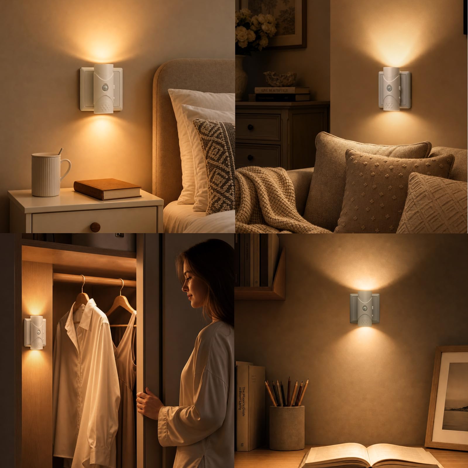 Luz Nocturna LED de Enchufe con Sensor de Movimiento, Lampara Noche Niños 40LM Regulable Continua, Doble Iluminación Arriba Abajo 3 Modos, 3000K Blanco Cálido para Pasillo Escaleras (4)