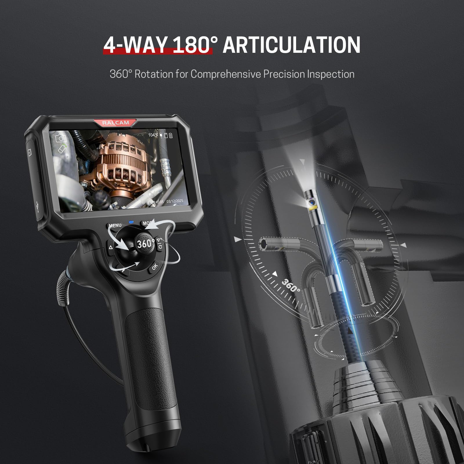 Ralcam 4-Way 360° Articulating Borescope for Mechanic Automotive HVAC Wall — Amazon image 2
