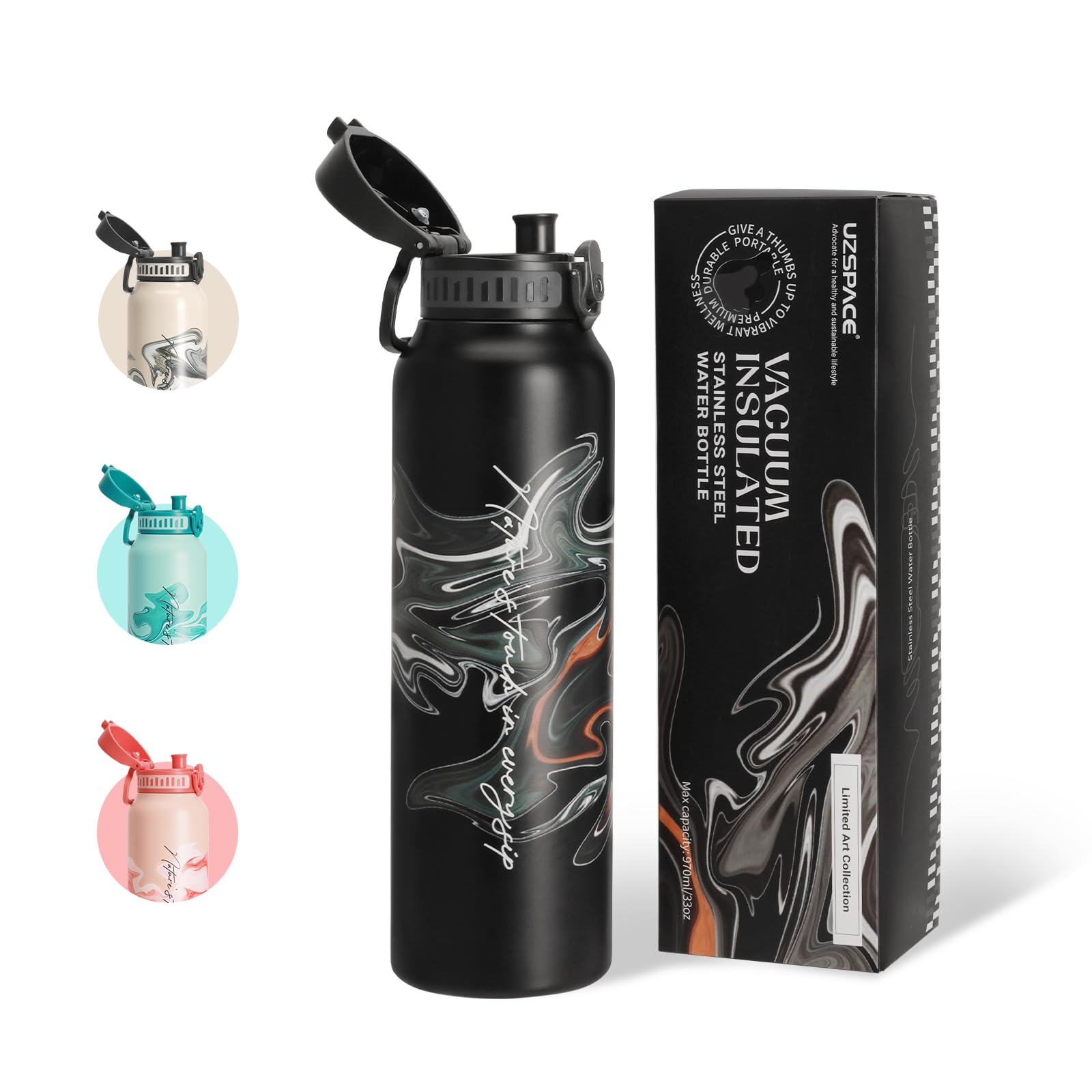 UZSPACE Edelstahl Trinkflasche 1l (970ml), Isolierte Thermosflasche mit 1-Klick-Öffnung, 100% Auslaufsicher, Sport Wasserflasche für Wandern Sport Fitness Gym Outdoor, Art-Schwarz