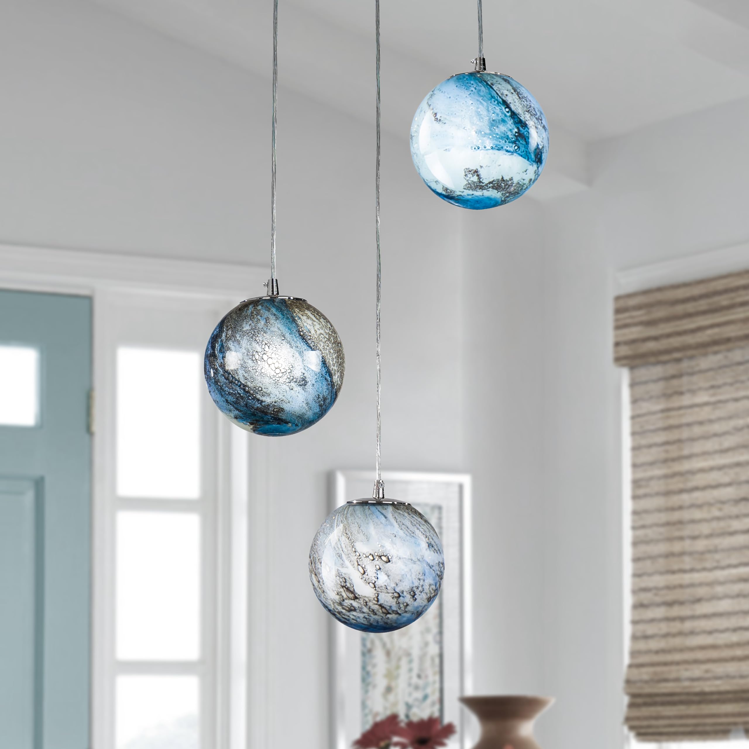 W17 in. Modern 3-Light Glazed Glass Chandelier Set Handblown Round Ceiling Pendant Lamp in a Cosmic Design with Blue/Grey and White Colours Globe Shades for Kitchen Island (Blue)