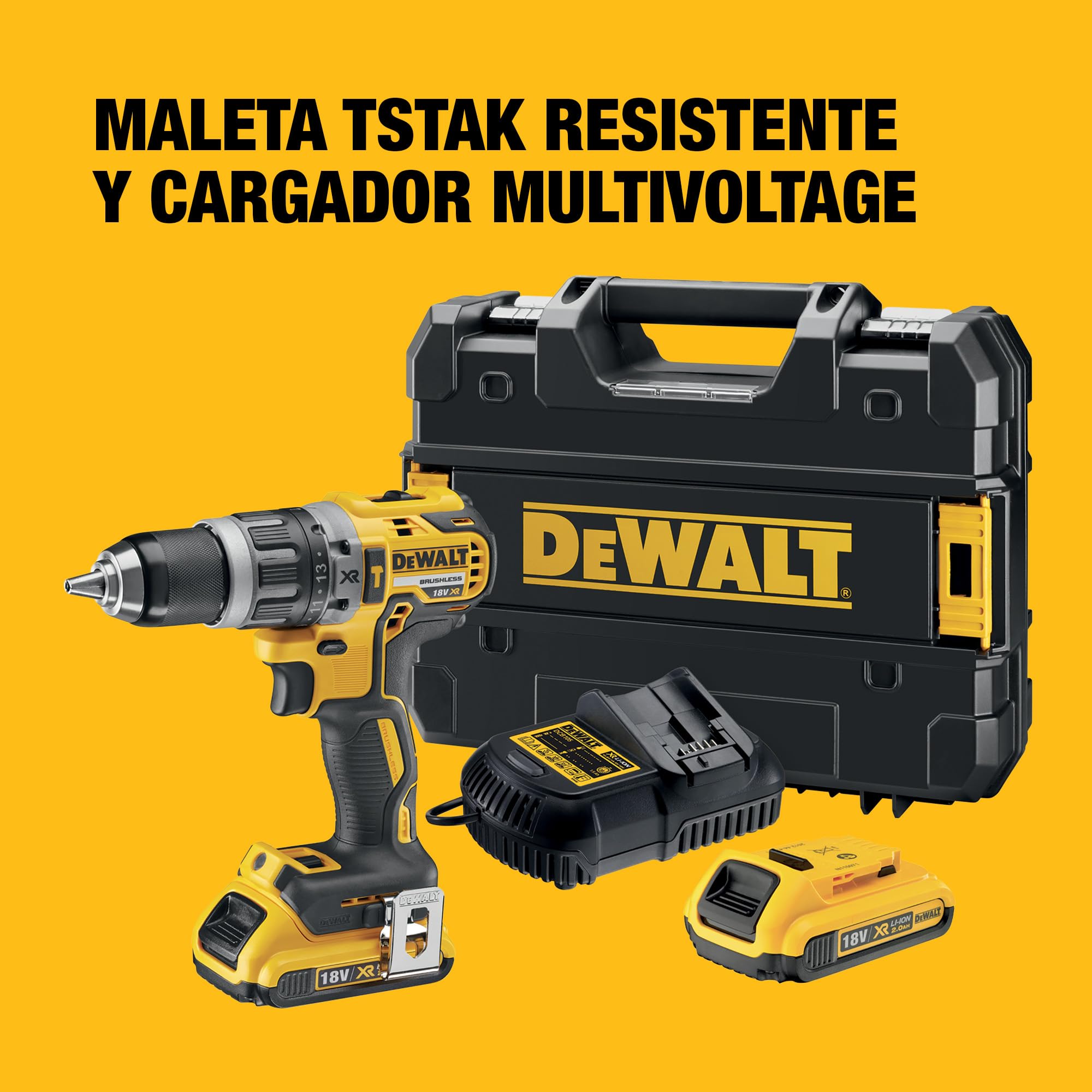 DEWALT Taladro atornillador percutor con motor Brushless XR incluye 2 Baterias de Litio 18V 2,0Ah,un cargador multivoltaje y un maletin TSTAK, DCD796D2-QW