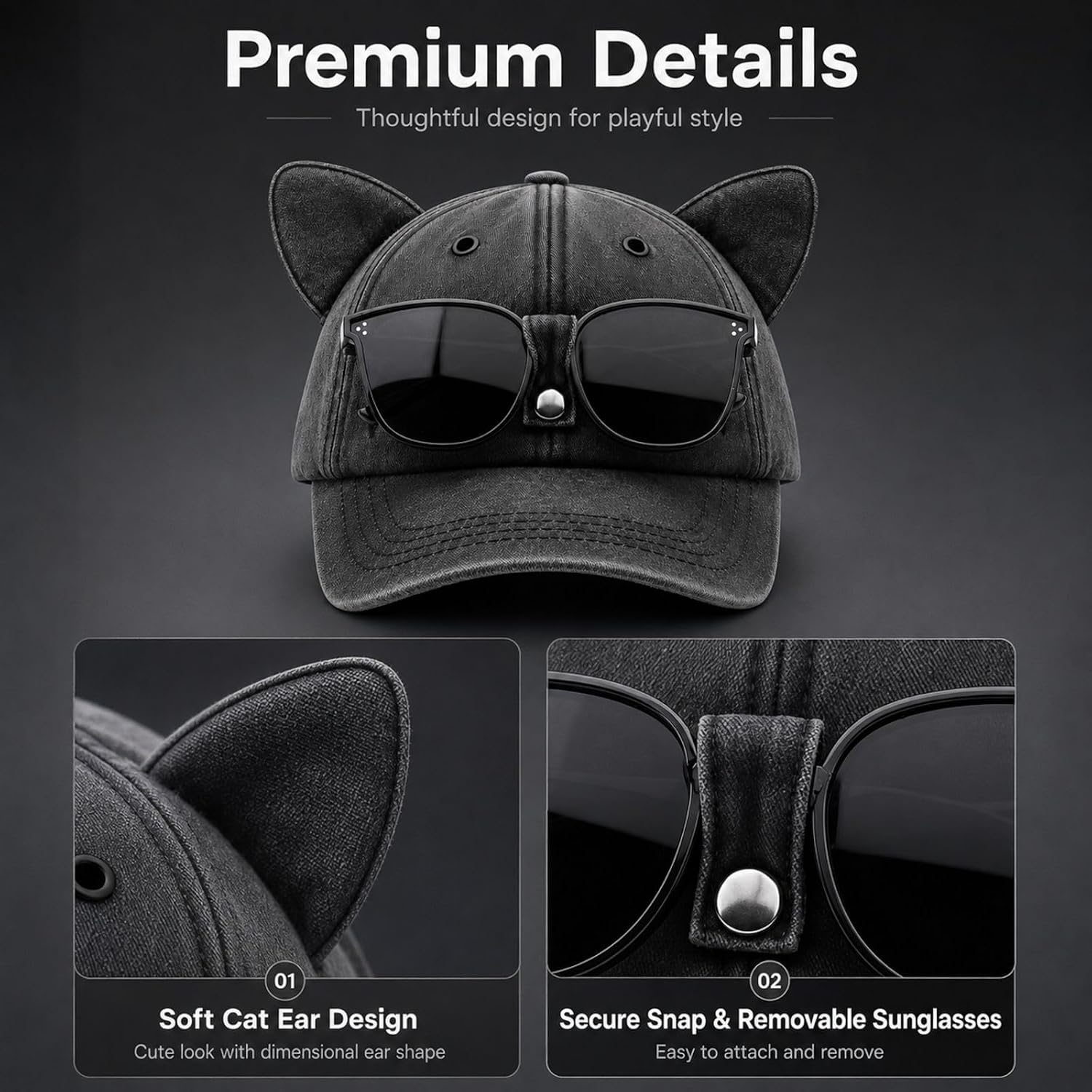 Cat Ear Hat, Black Baseball Cap with Removable Sunglasses, Woman Breathable Cycling Cap image 3