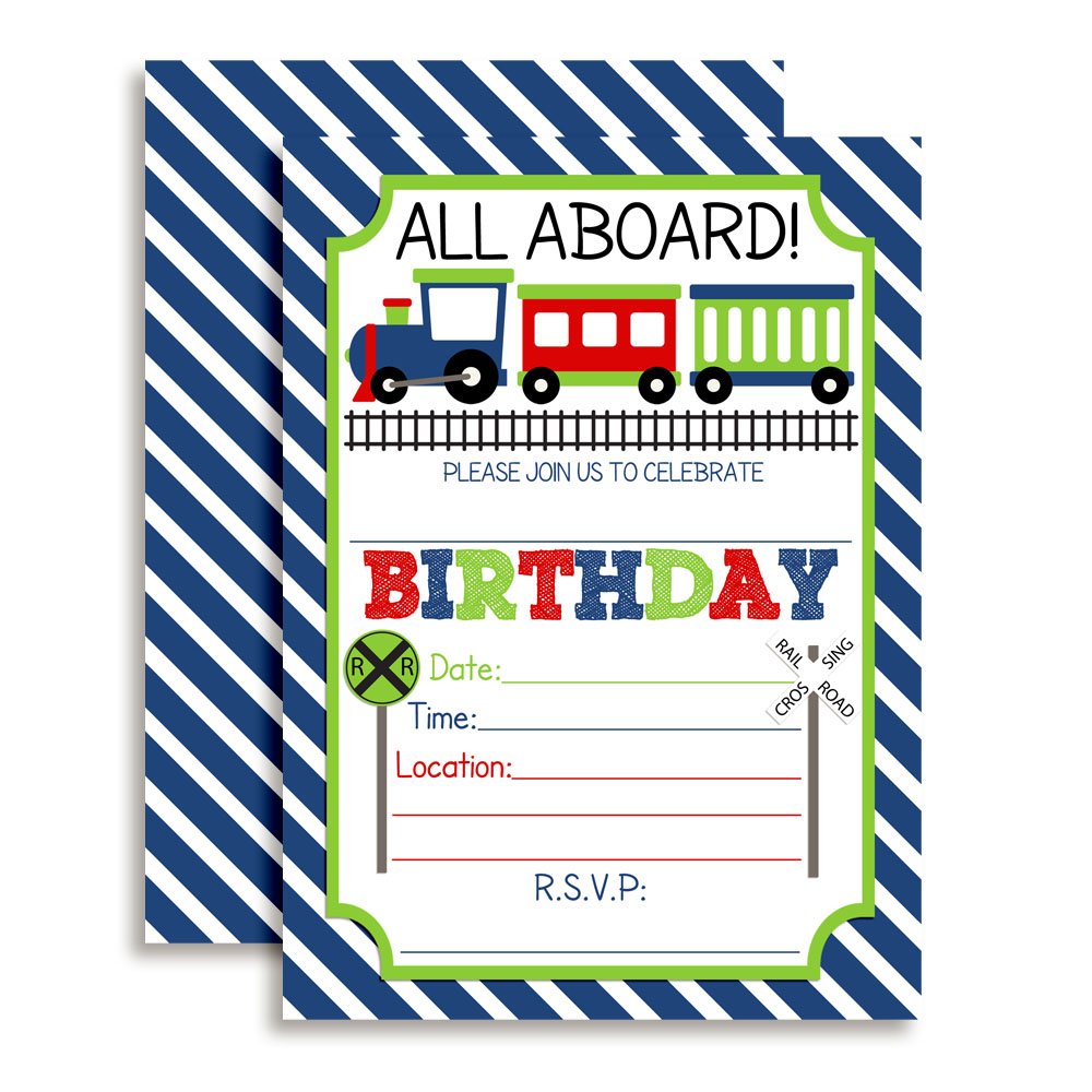Train Birthday Party Invitations for Boys, 20 5x7 Fill in Cards with Twenty White Envelopes by AmandaCreation