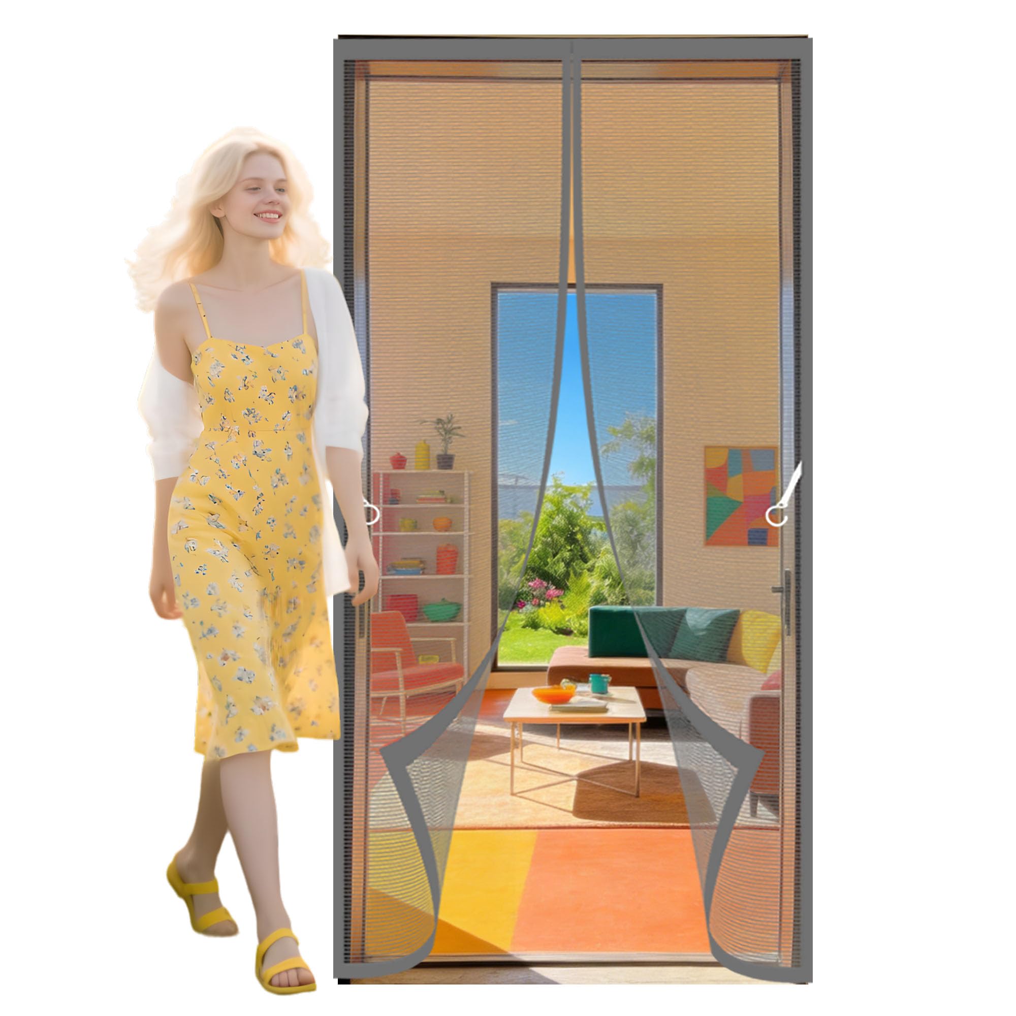 Fly Screens Doors 108 x 274 cm Hundreds of Sizes Magnetic Door Curtains Fly Screen Keep Bugs Out Lets Fresh Air in for Home, Bedroom, Living Room, Kitchen, Patio, Grey
