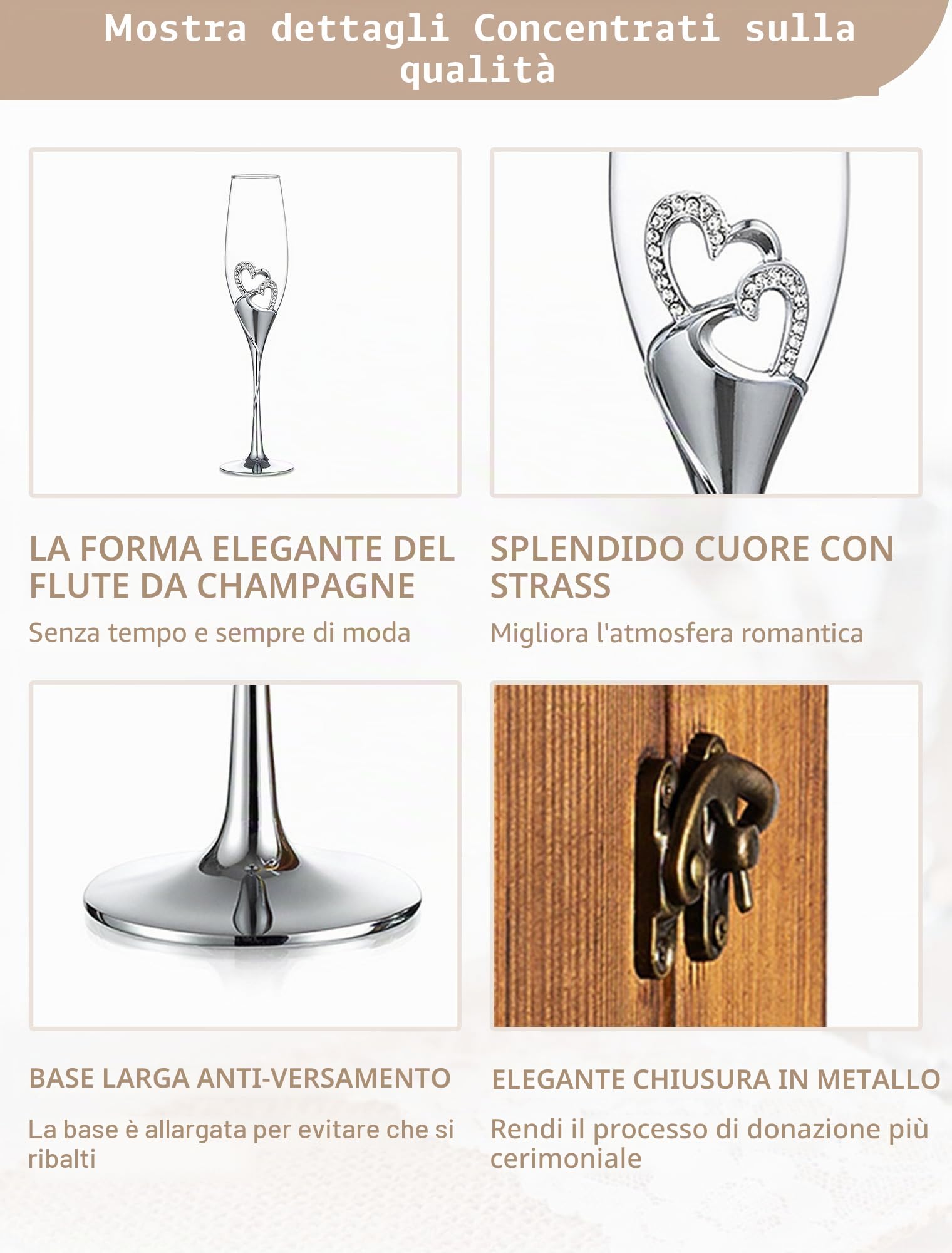 Nuptio Regalo Matrimonio Bicchieri Champagne: Set di 2 Calici Prosecco - 25 Anni Matrimonio Regali - Argento Flute Vetro