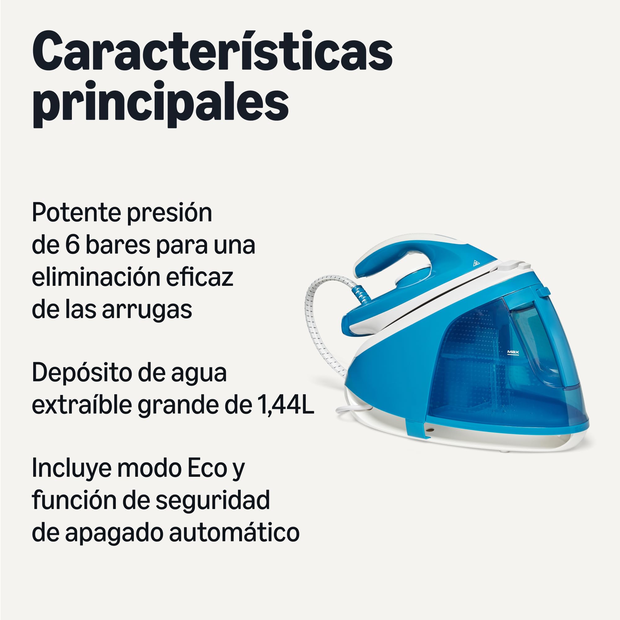 Amazon Basics Plancha con Generador de Vapor con Bomba de 6 Bares, Impulso de Vapor de 240g/min, Salida de Vapor de 120g/min, Depósito de 1,8 litros, 2400W, Blanca/Azul