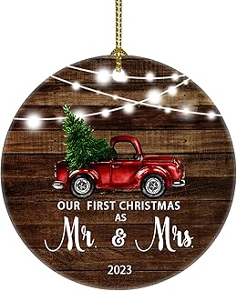 JUOOE Our First Christmas as Mr & Mrs Just Married Re Truck Christmas Tree Ornament Our First Christmas as mr. and mrs. Gift for Newlywed Couple 2023 (Brown mr mrs)