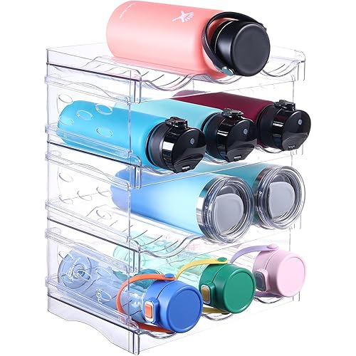 Water Bottle Organizer, Stackable Bottle Storage Holder Wine Rack, Fashion Cabinet Pantry Kitchen Fridge Organizer for Bottle Mug Tumbler Drink (4 Tier, Clear)