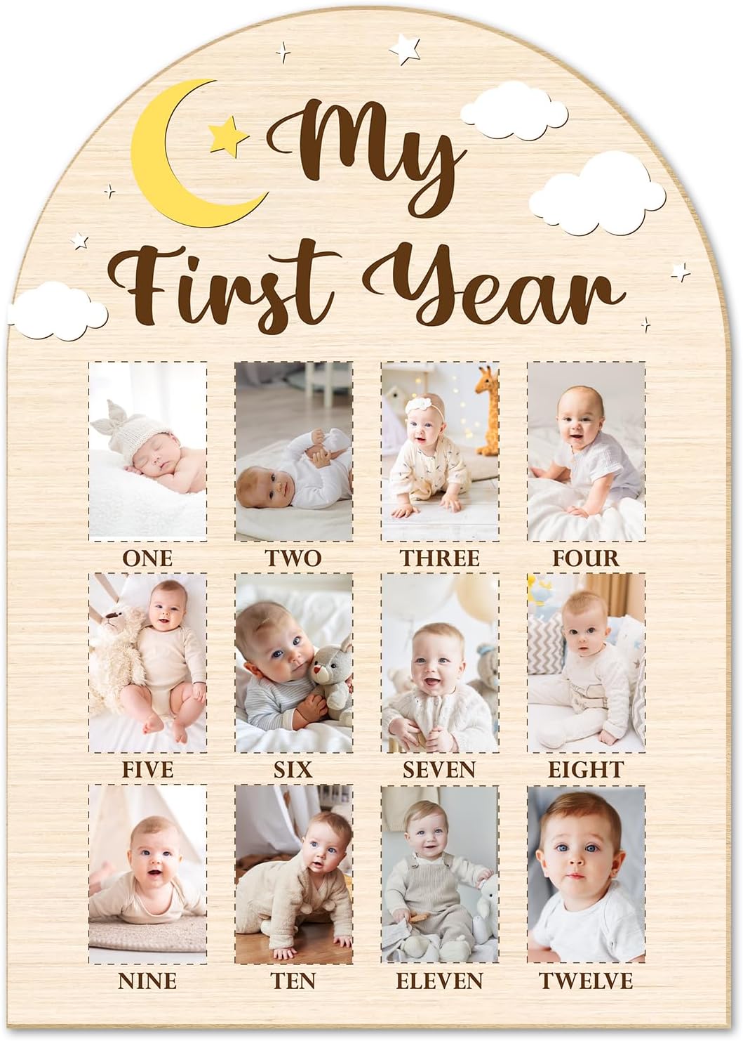 My First Year Photo Board - Moon Star Theme, Newborn 12 Months Milestone Wooden Photo Board, First Birthday Decorations, Baby Keepsake Gift Supply (Fit 2x3in Pic) -05