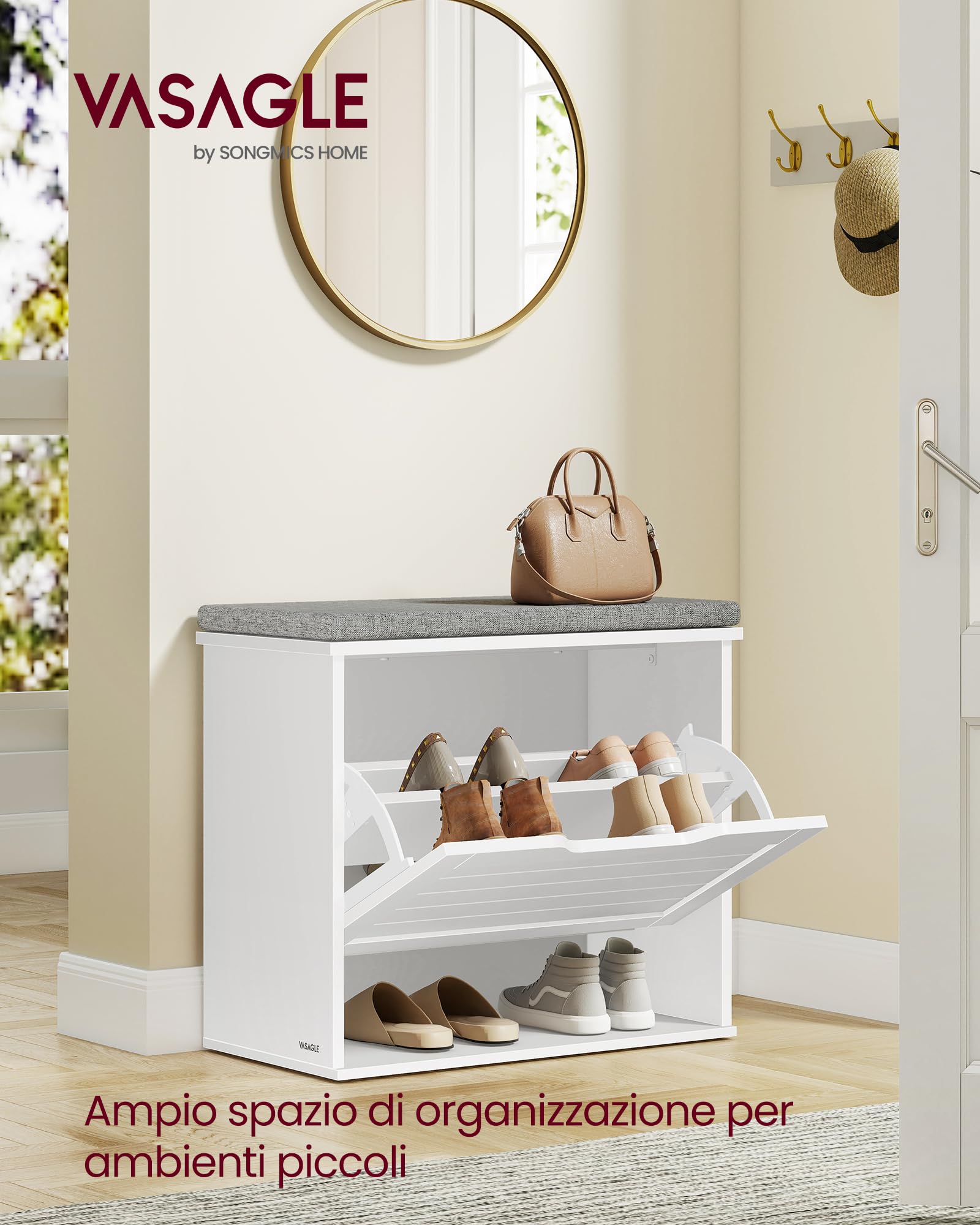 VASAGLE Panchina Scarpiera a 3 Ripiani per 6 Paia di Scarpe, Panca da Ingresso, Cassetto a Ribalta con Divisorio Regolabile, 30 x 60 x 53,5 cm, per Camera, Bianco Nuvola e Grigio Tortora LSB121WB01