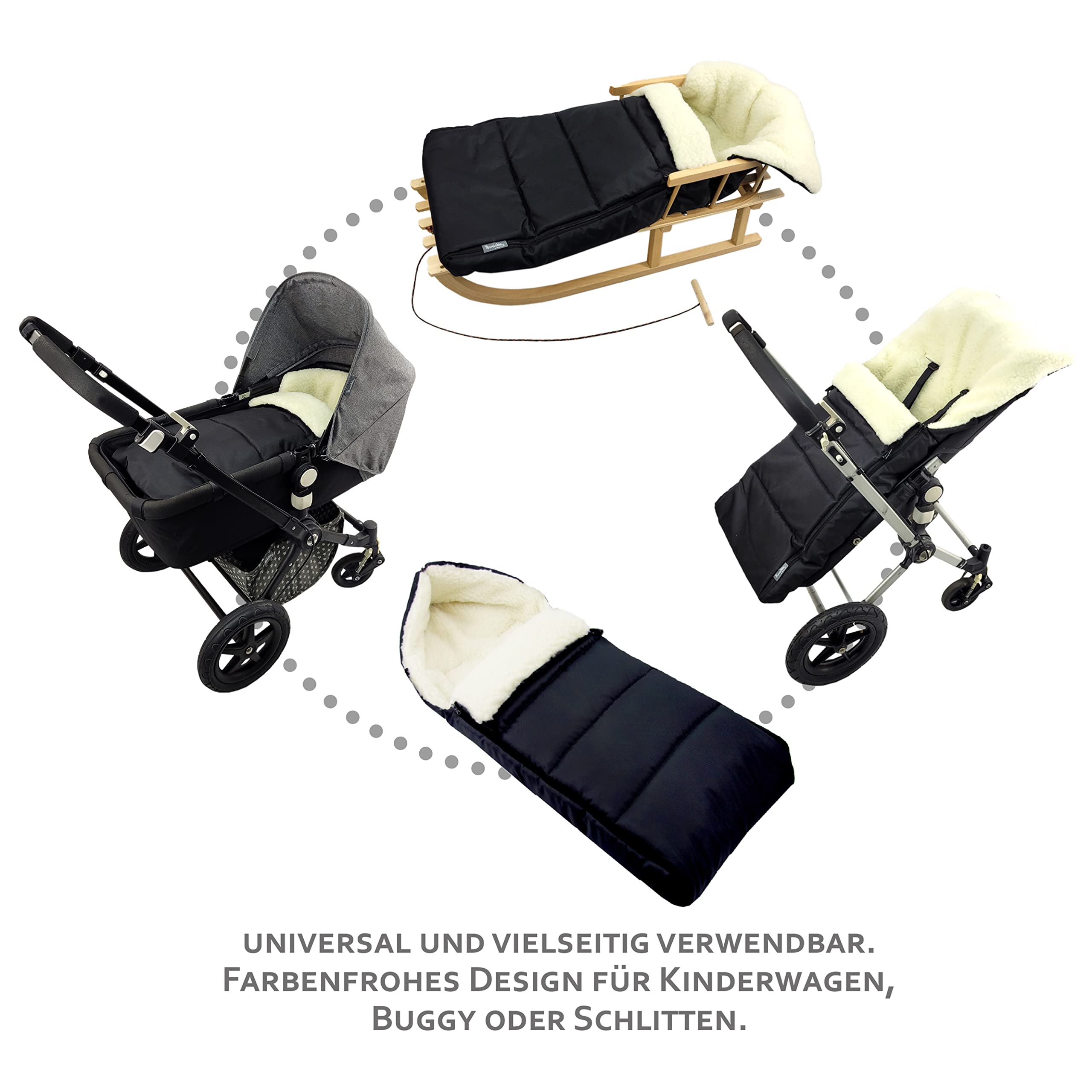 BAMBINIWELT uniwersalny śpiwór zimowy (108 cm), nadaje się również do fotelika dla niemowląt, wózka dziecięcego, Buggy, z wełny UNI (granatowy linie)