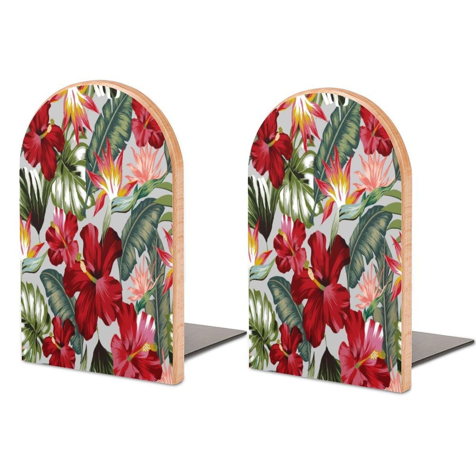 Plants Palm Leaves Paradise Flower Beech Wood Bookends Heavy Duty Book Organizers Desktop File Holder for Office Home Bookshelf