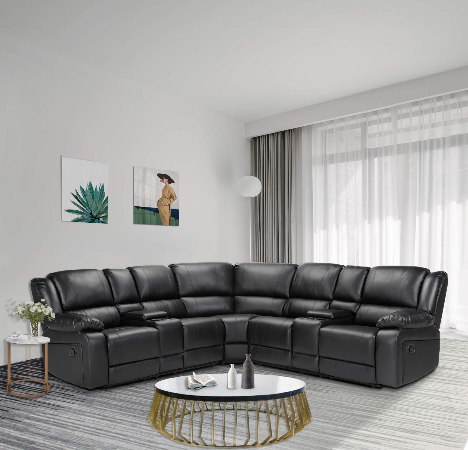 Buy Symmetrical Sectional Sofa PU Leather Corner Reclining Sofa with 2