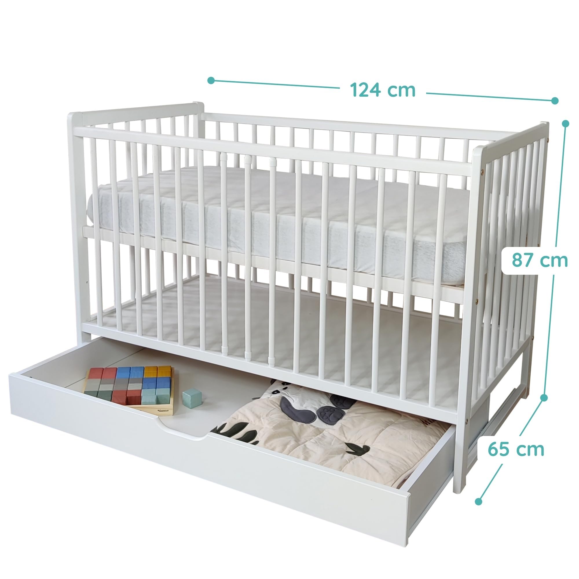 Lit Bébé 60x120 cm Lit à barreaux Évolutif Set Complet avec Matelas et Sommier 3 Hauteurs Tiroir, Barreaux Amovibles | Pin Massif Blanc