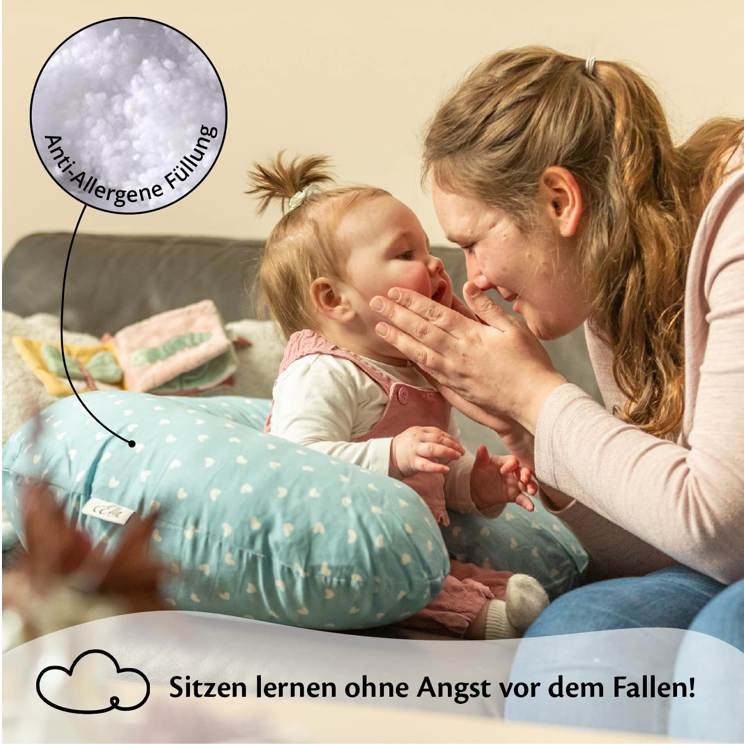 Ella Poduszka do karmienia – ergonomiczna poduszka dla niemowląt do wygodnego karmienia i karmienia niemowląt, wyściełany zagłówek dla niemowląt ze zdejmowaną bawełnianą poszewką - niebieska z sercami