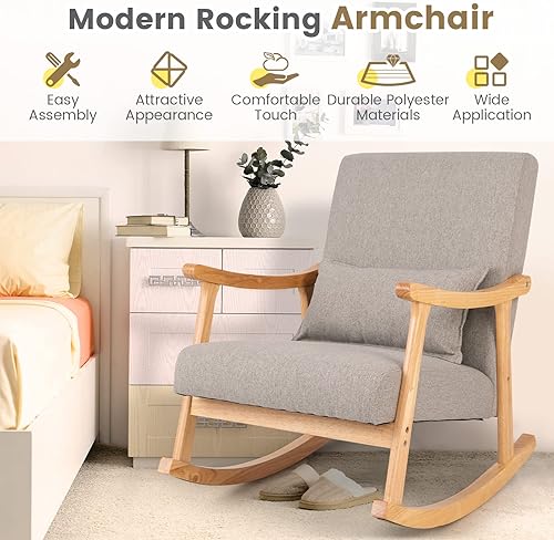 Miniatura 8 de Giantex Mecedora tapizada  Mecedora moderna con marco de madera de goma, respaldo y asiento cómodos, almohada acolchada de polipropileno, silla